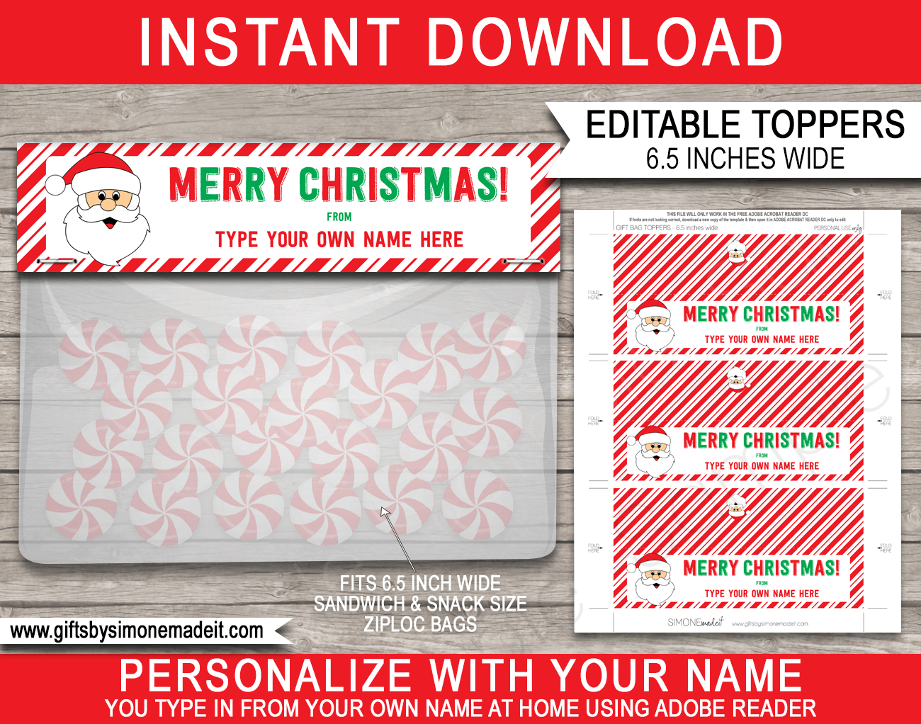 Christmas Bag Toppers (Santa) - 6.5 Inch Wide - Red &amp;amp; Green for Free Printable Christmas Bag Toppers Templates