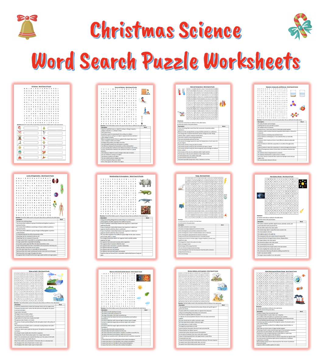 Christmas Holiday Science Word Search Puzzle Worksheets Bundle regarding Free Printable Physics Worksheets