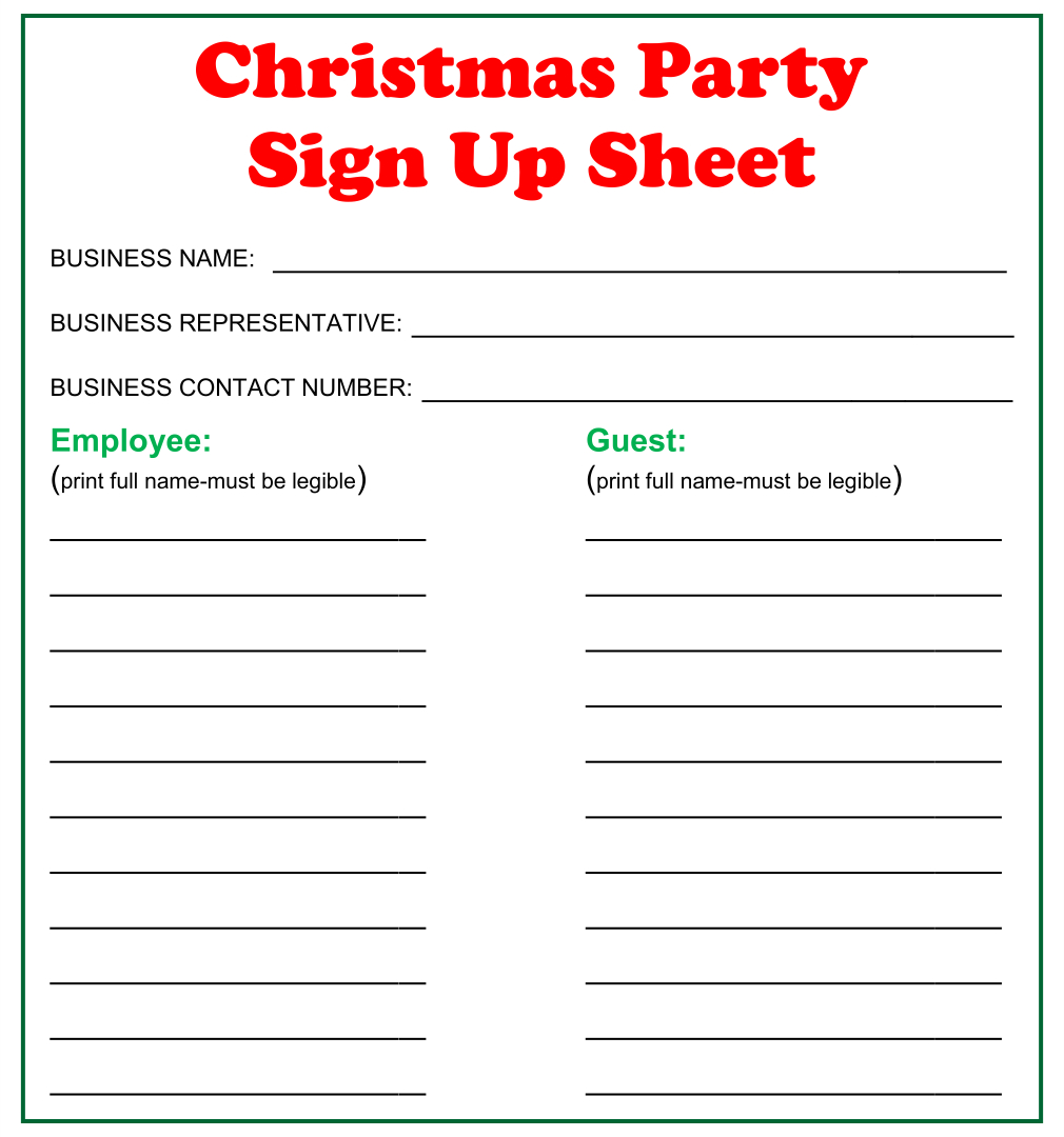 Christmas Party Sign Up Sheet | Potluck Signup Sheet Template Word for Free Printable Christmas Party Signs