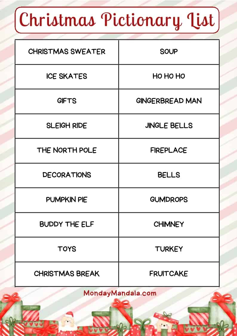 Christmas Pictionary Lists (Free Pdf Printables) in Free Printable Christmas Pictionary Cards