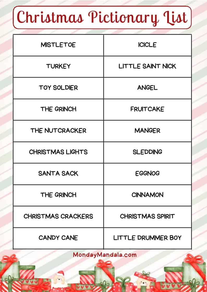 Christmas Pictionary Lists (Free Pdf Printables) regarding Free Printable Christmas Pictionary Cards