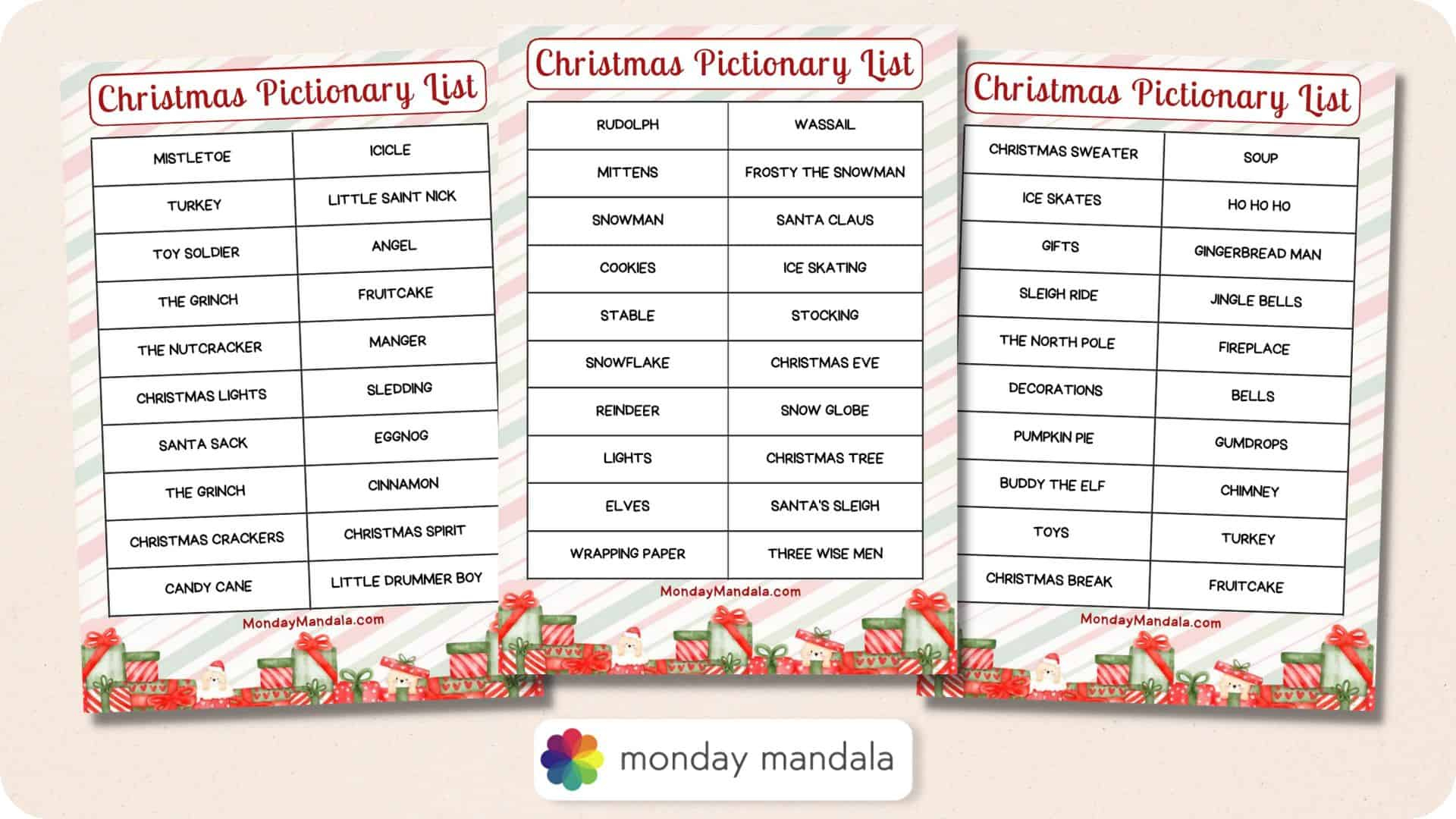 Christmas Pictionary Lists (Free Pdf Printables) with regard to Free Printable Christmas Pictionary Words