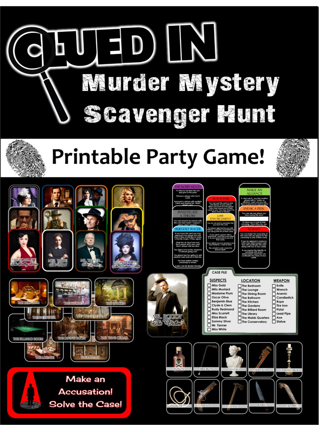 Clued-In Murder Mystery Scavenger Hunt - Printable Party Game intended for Free Printable Mystery Games