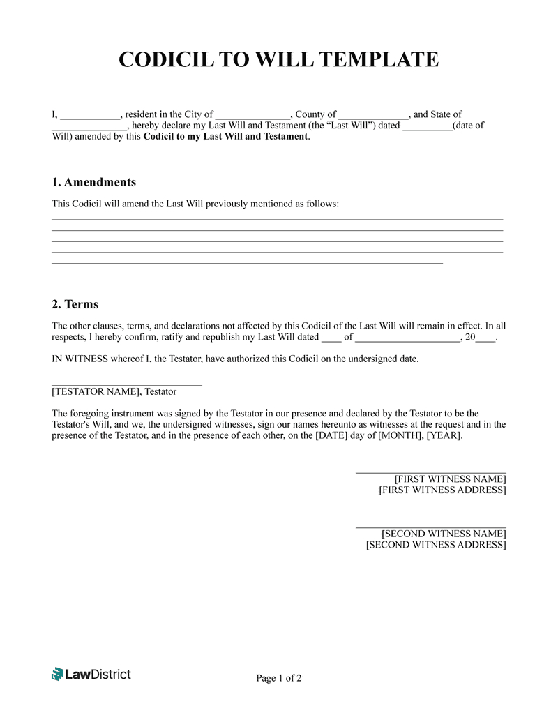 Codicil To Will Form | Free Printble Pdf &amp;amp; Word | Lawdistrict for Free Printable Codicil Form