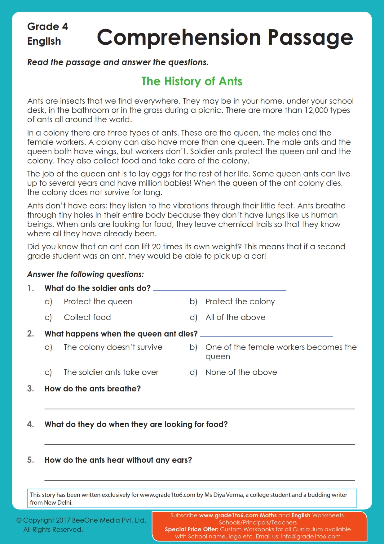 Comprehension Passage For Grade 4 | Grade1To6 within Free Printable English Comprehension Worksheets For Grade 4