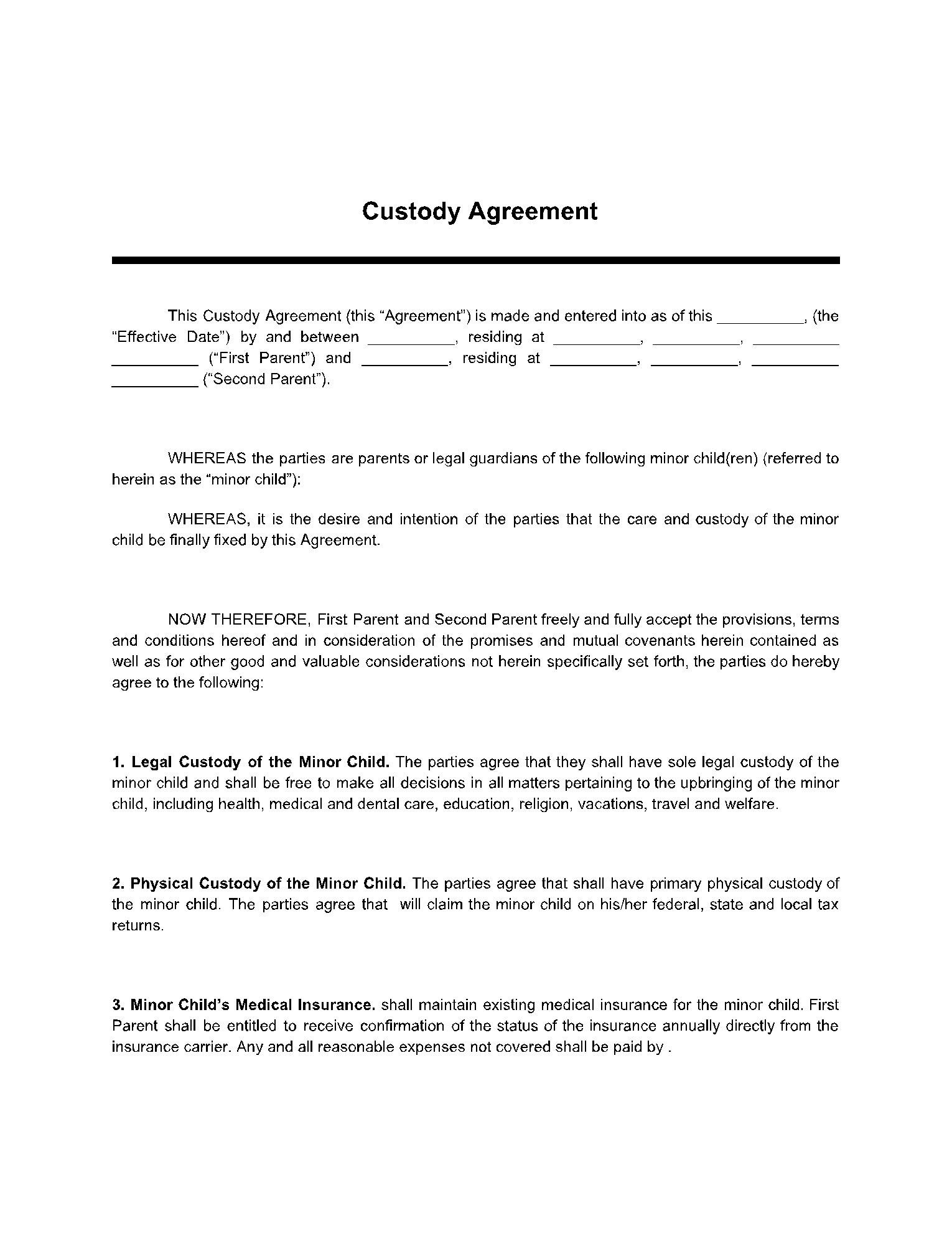 Custody Agreement Template (100% Free) - Cocosign with regard to Free Printable Child Custody Papers