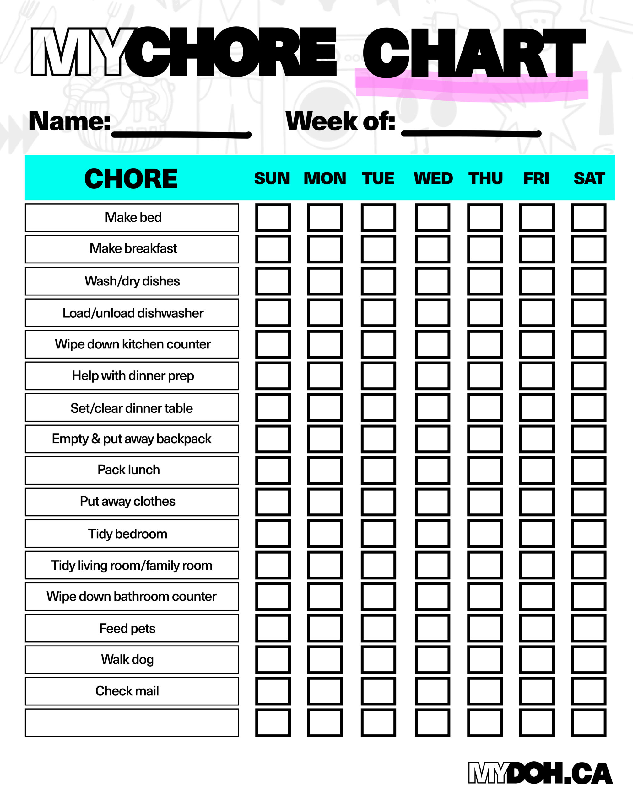 Daily Chores For Teens And Tweens | Mydoh with regard to Free Printable Teenage Chore Chart