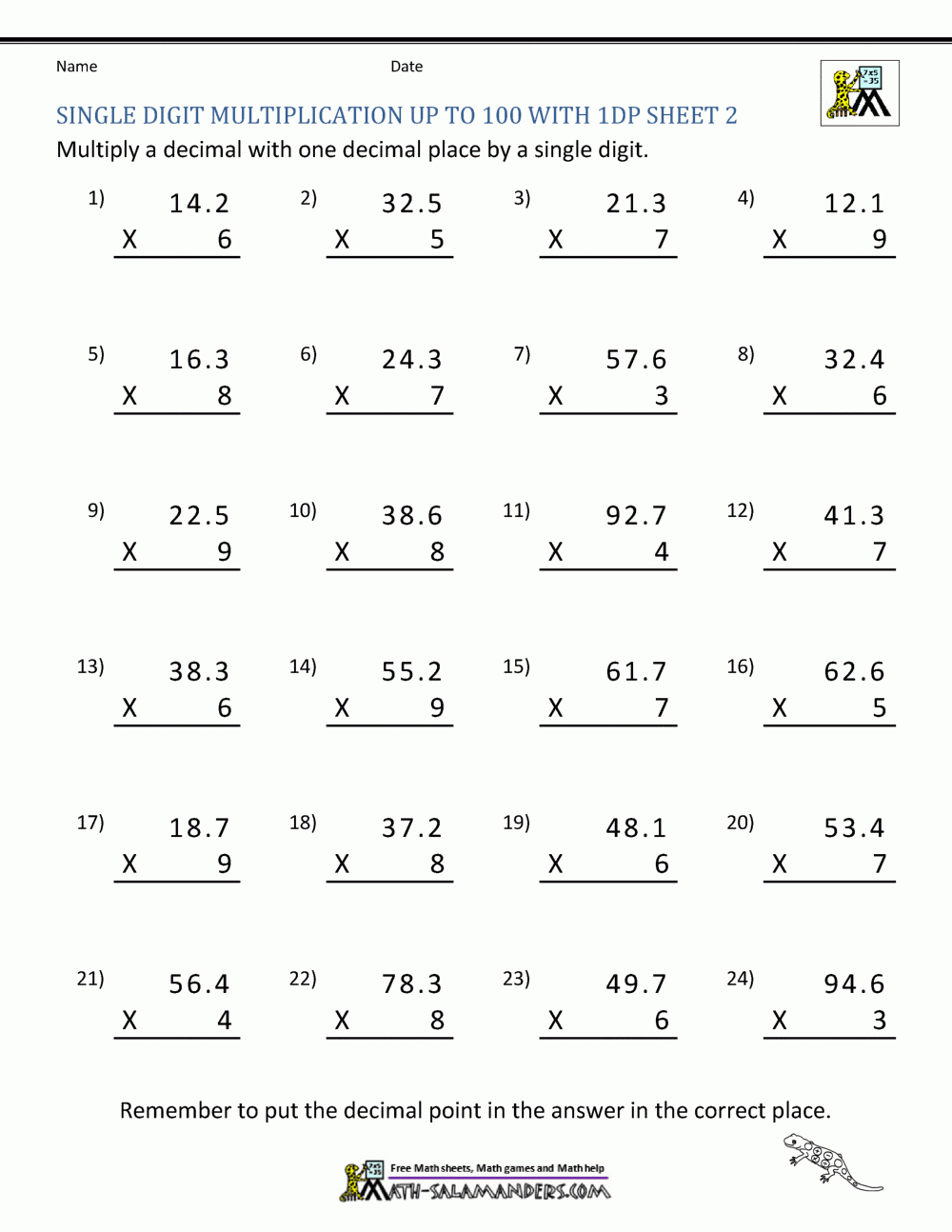 Decimal Multiplication Worksheets 5Th Grade intended for Free Printable Multiplying Decimals Worksheets