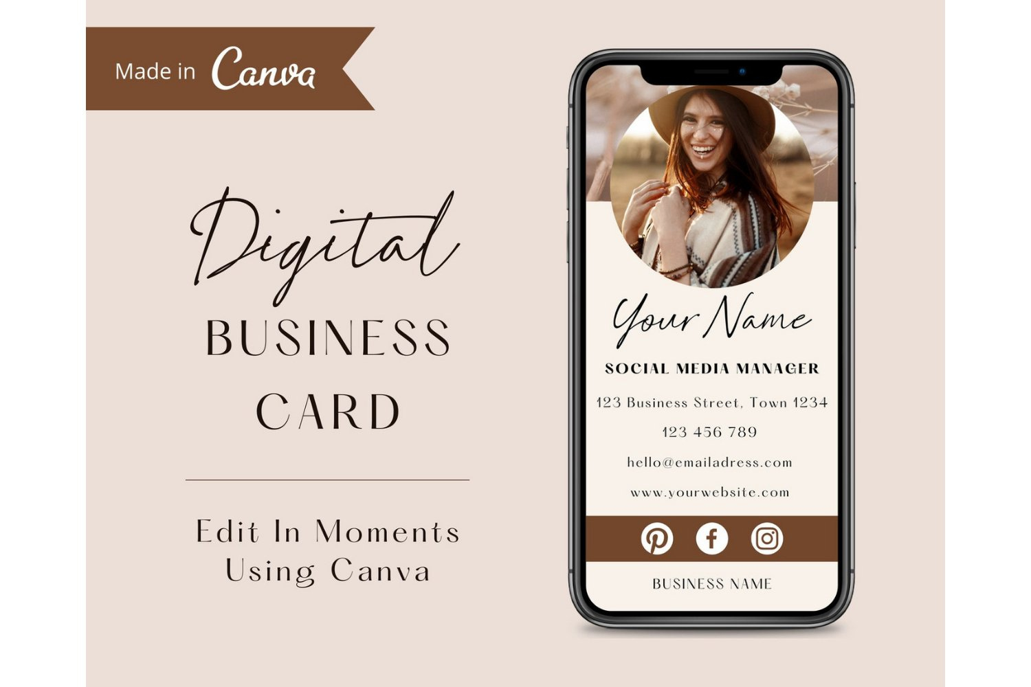 Digital Business Card Template, Editable Business Card Canva throughout Online Business Card Maker Free Printable