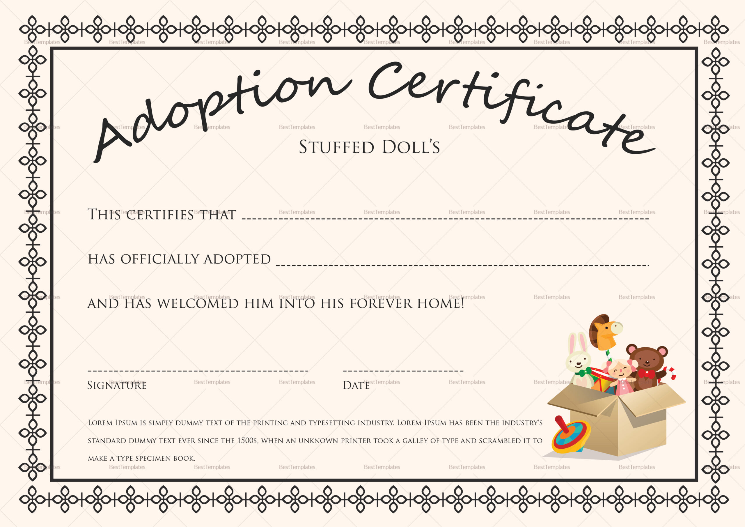 Doll Adoption Certificate Design Template In Psd, Word intended for Free Printable Adoption Certificate