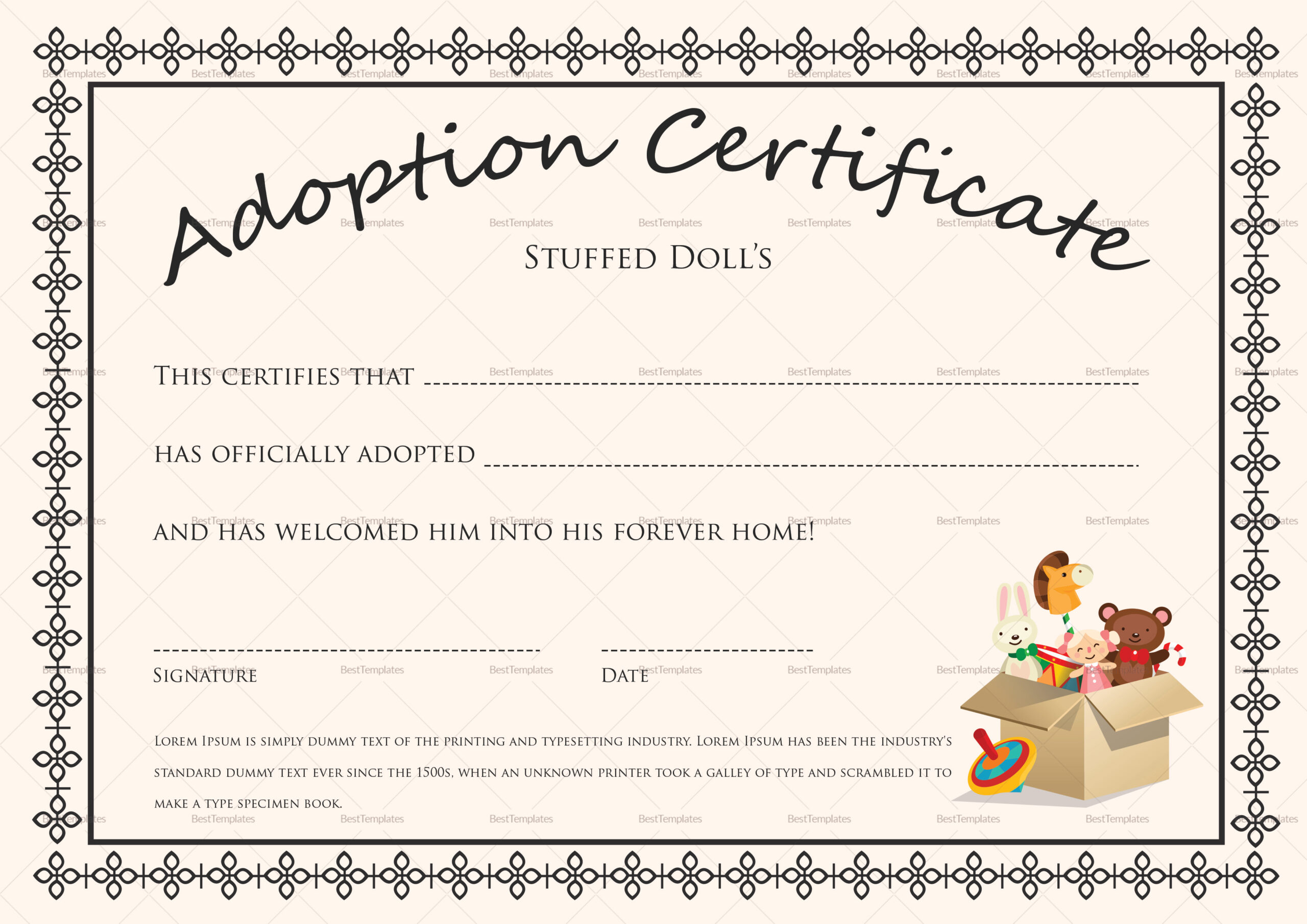 Doll Adoption Certificate Design Template In Psd, Word within Free Printable Stuffed Animal Adoption Certificate