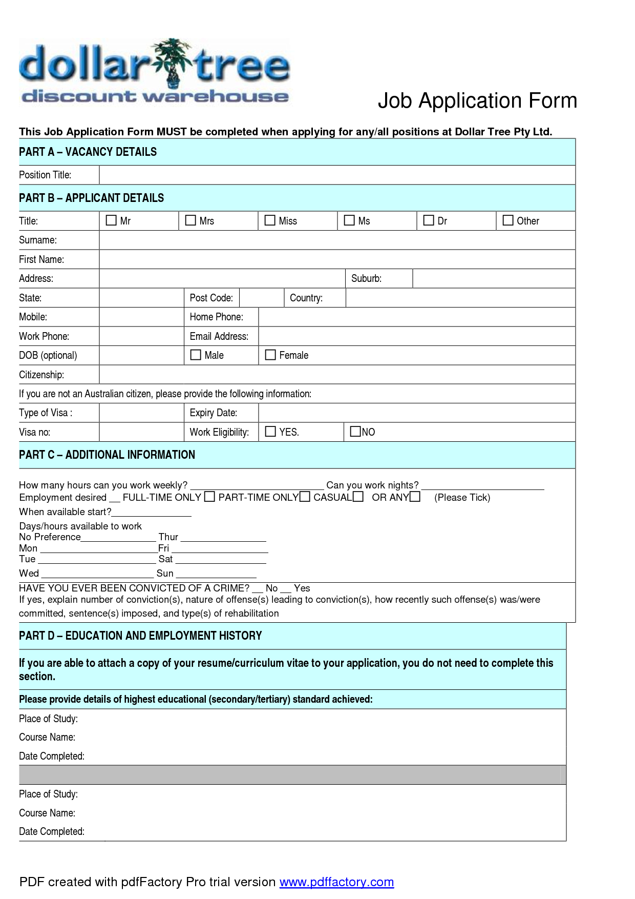 Dollar Tree Job Application Online Form in Free Printable Dollar Tree Application Form