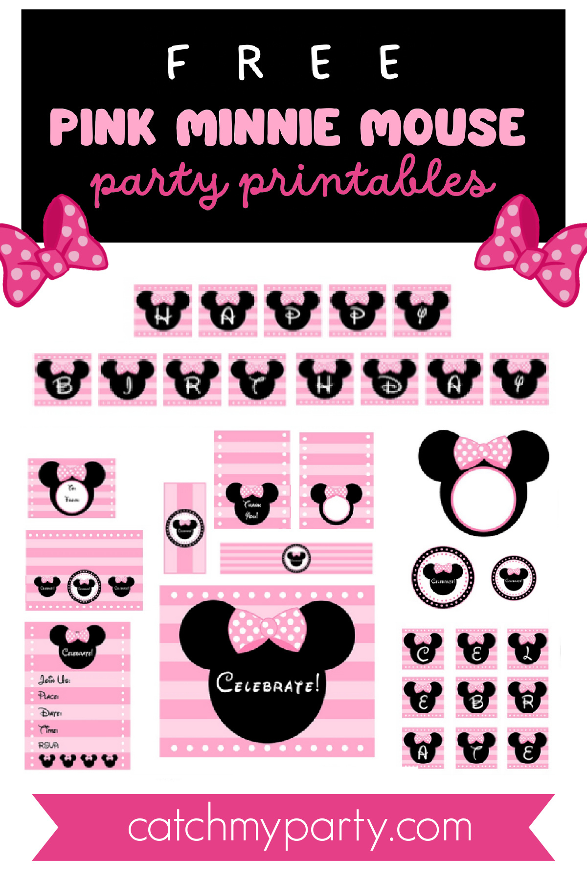 Download These Free Pink Minnie Mouse Party Printables! | Catch My in Free Printable Minnie Mouse Birthday Banner