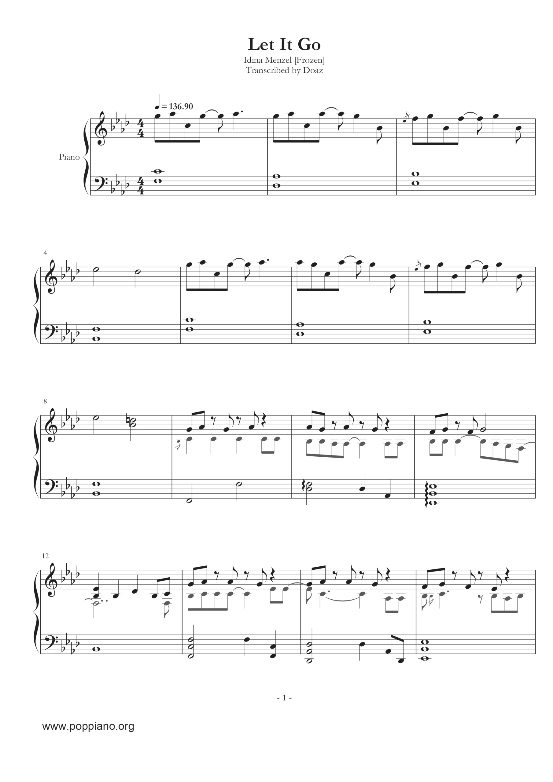 ☆ Frozen - Let It Go | Sheet Music | Piano Score Free Pdf throughout Let It Go Piano Sheet Music Free Printable