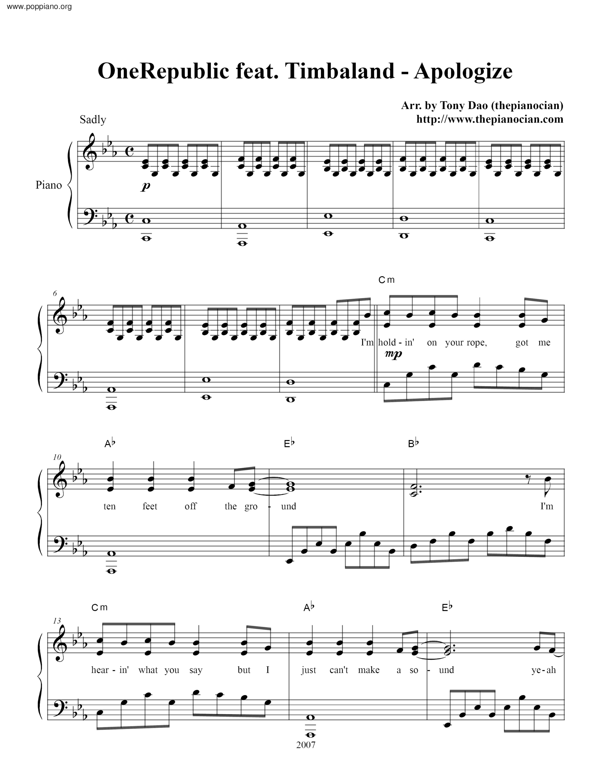 ☆ Onerepublic-Apologize Sheet Music Pdf, - Free Score Download ☆ for Apologize Piano Sheet Music Free Printable