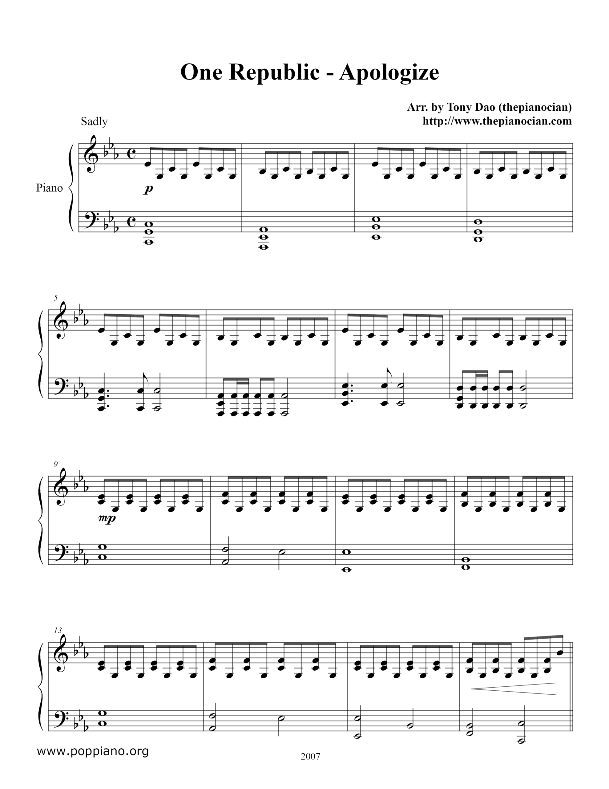 ☆ Onerepublic-Apologize Sheet Music Pdf, - Free Score Download ☆ intended for Apologize Piano Sheet Music Free Printable