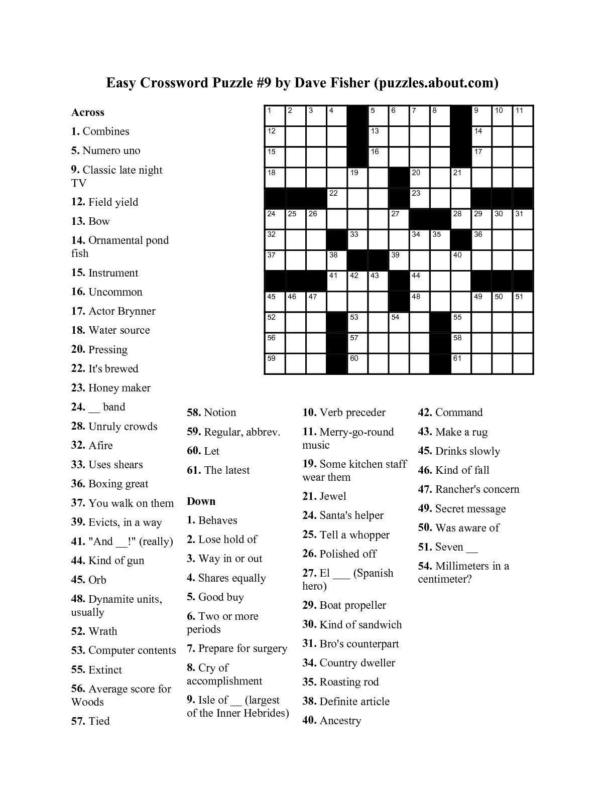 Easy Crossword Puzzle #9Dave Fisher with regard to Free Daily Printable Crossword Puzzles