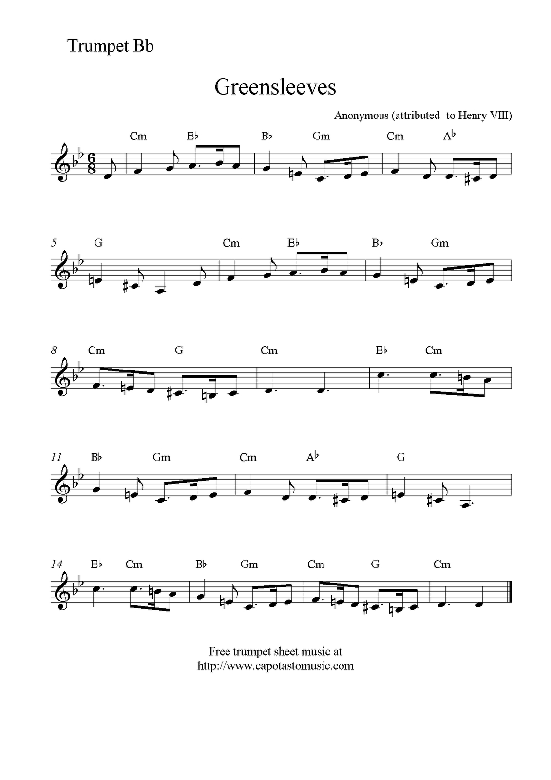 Easy Sheet Music For Beginners: Greensleeves, Free Trumpet Sheet inside Free Printable Sheet Music For Trumpet