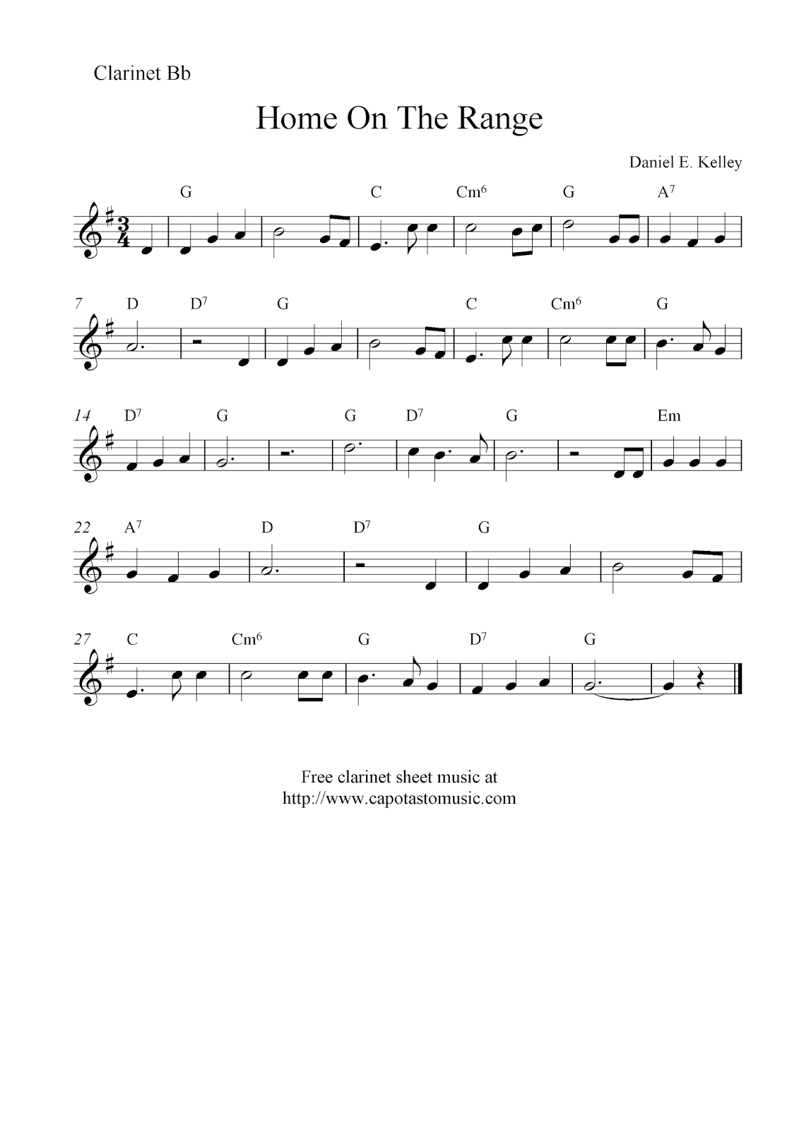 Easy Sheet Music For Beginners: Home On The Range, Free Clarinet in Free Printable Clarinet Sheet Music