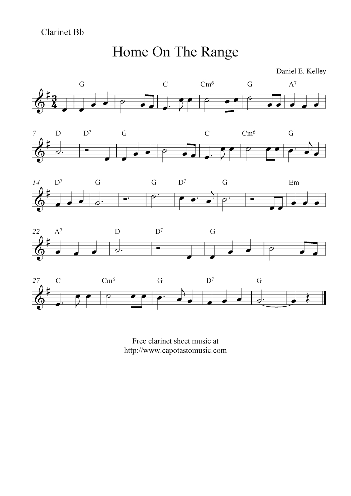 Easy Sheet Music For Beginners: Home On The Range, Free Clarinet throughout Free Printable Clarinet Music