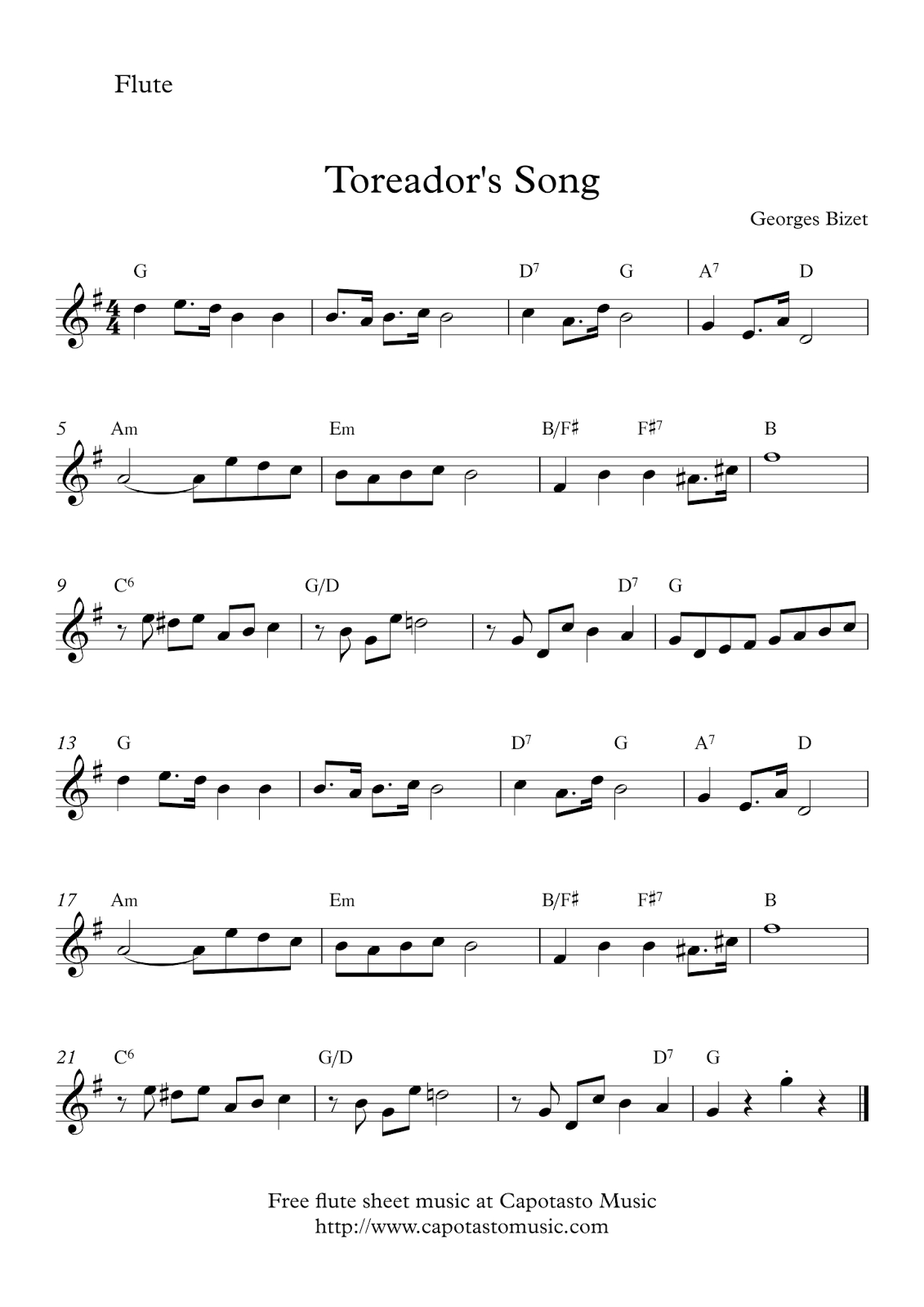 Easy Sheet Music For Beginners: Toreador´s Song | Free Flute Sheet with regard to Free Printable Flute Sheet Music for Pop Songs