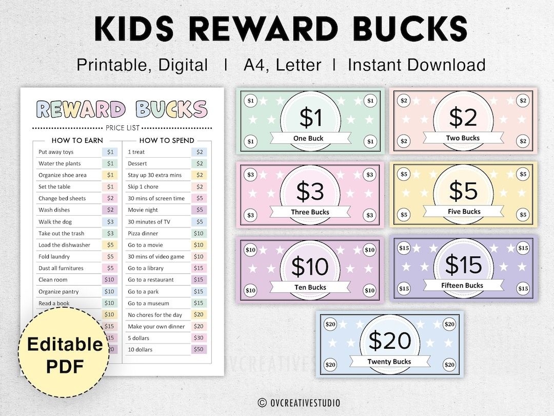 Editable Kids Reward Bucks Printable Mom Bucks, Pdf Reward System intended for Free Printable Chore Bucks