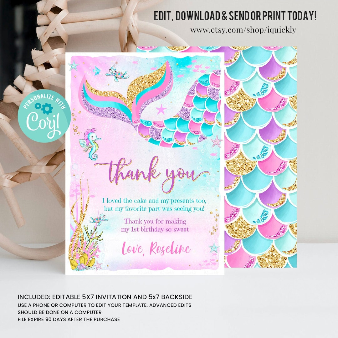 Editable Mermaid Birthday Thank You Card Mermaid Thank You Note inside Free Printable Mermaid Thank You Cards