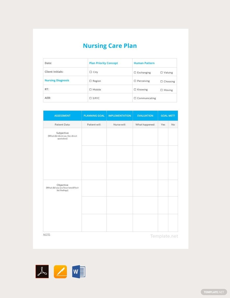 Editable Nursing Care Plan Example In Pages, Word, Pdf, Google throughout Free Printable Blank Nursing Care Plan