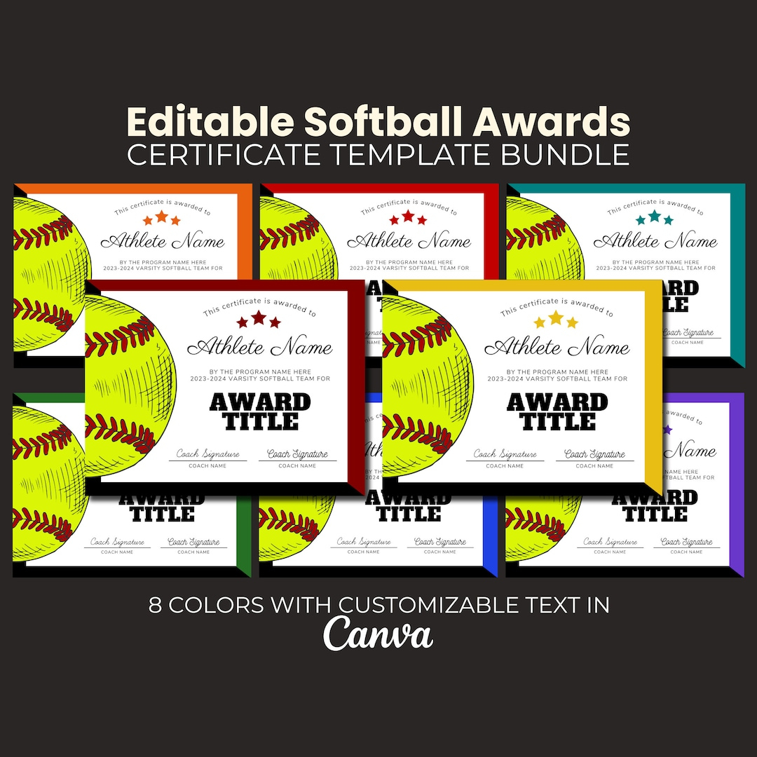 Editable Softball Award Certificate Bundle, Canva Template, Team with Free Printable Softball Award Certificates