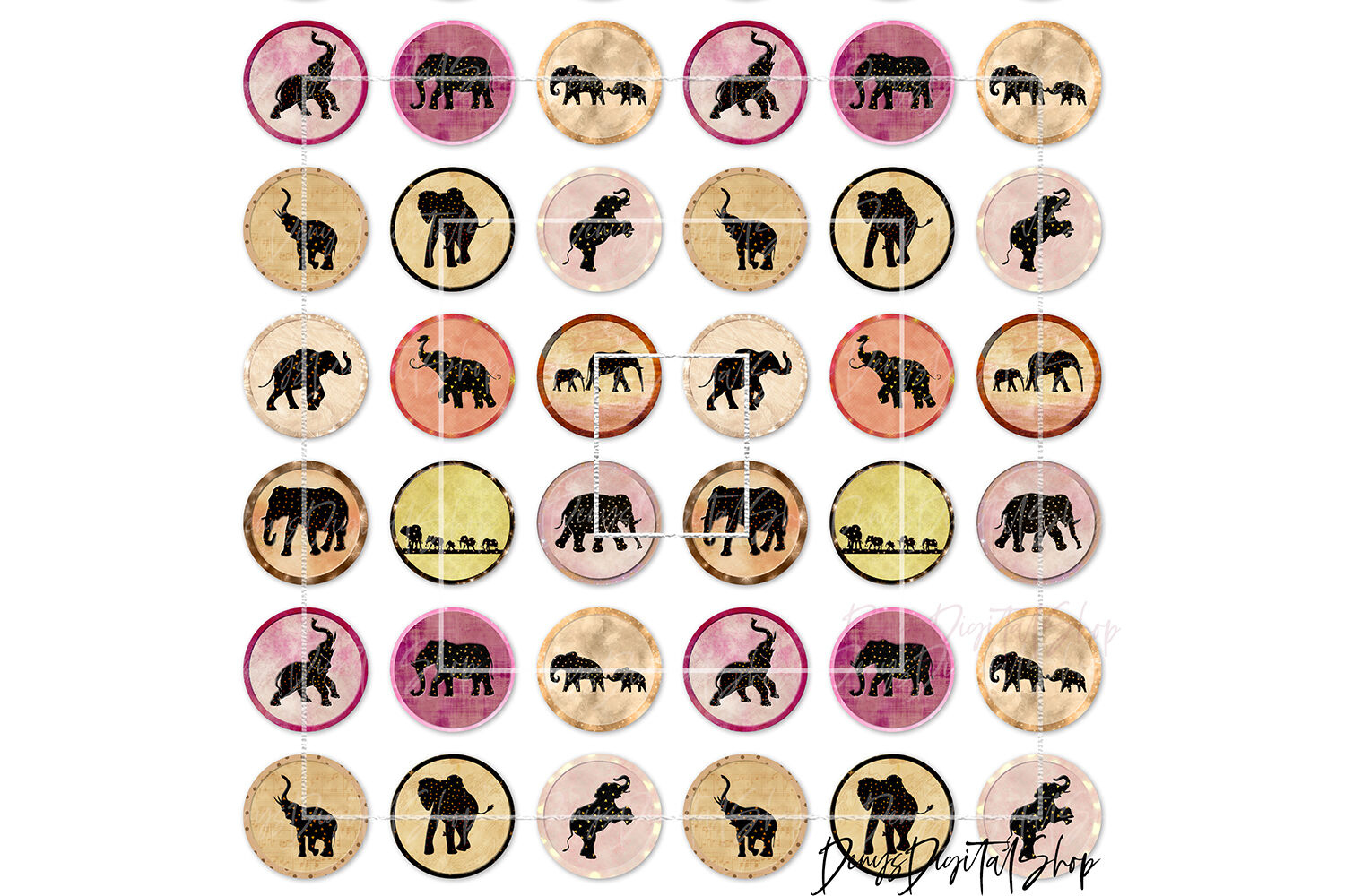 Elephants Digital Printable Sheet, Cabochon Images with Free Printable Cabochon Templates