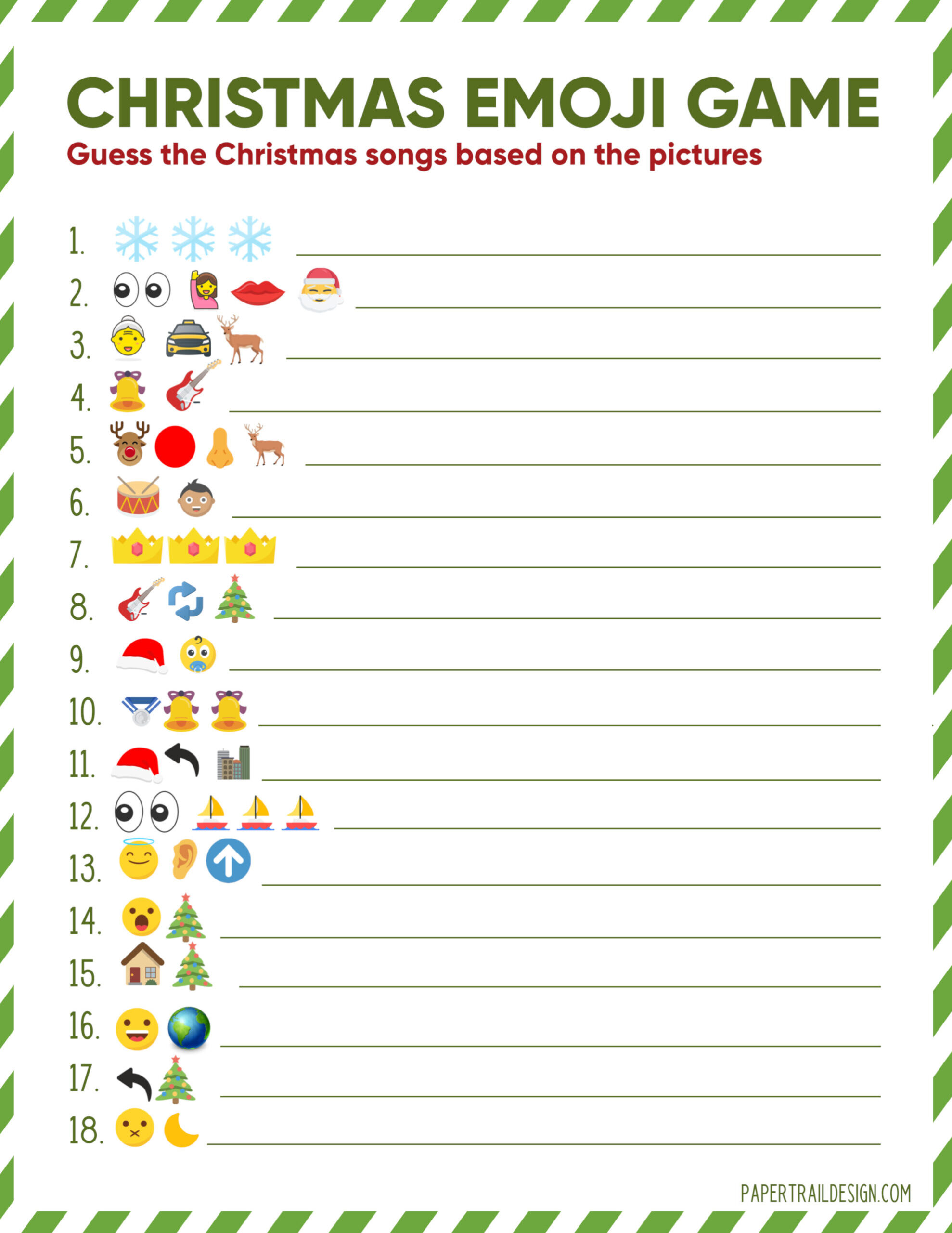 Emoji Printable Christmas Game - Paper Trail Design with Free Printable Christmas Song Picture Game