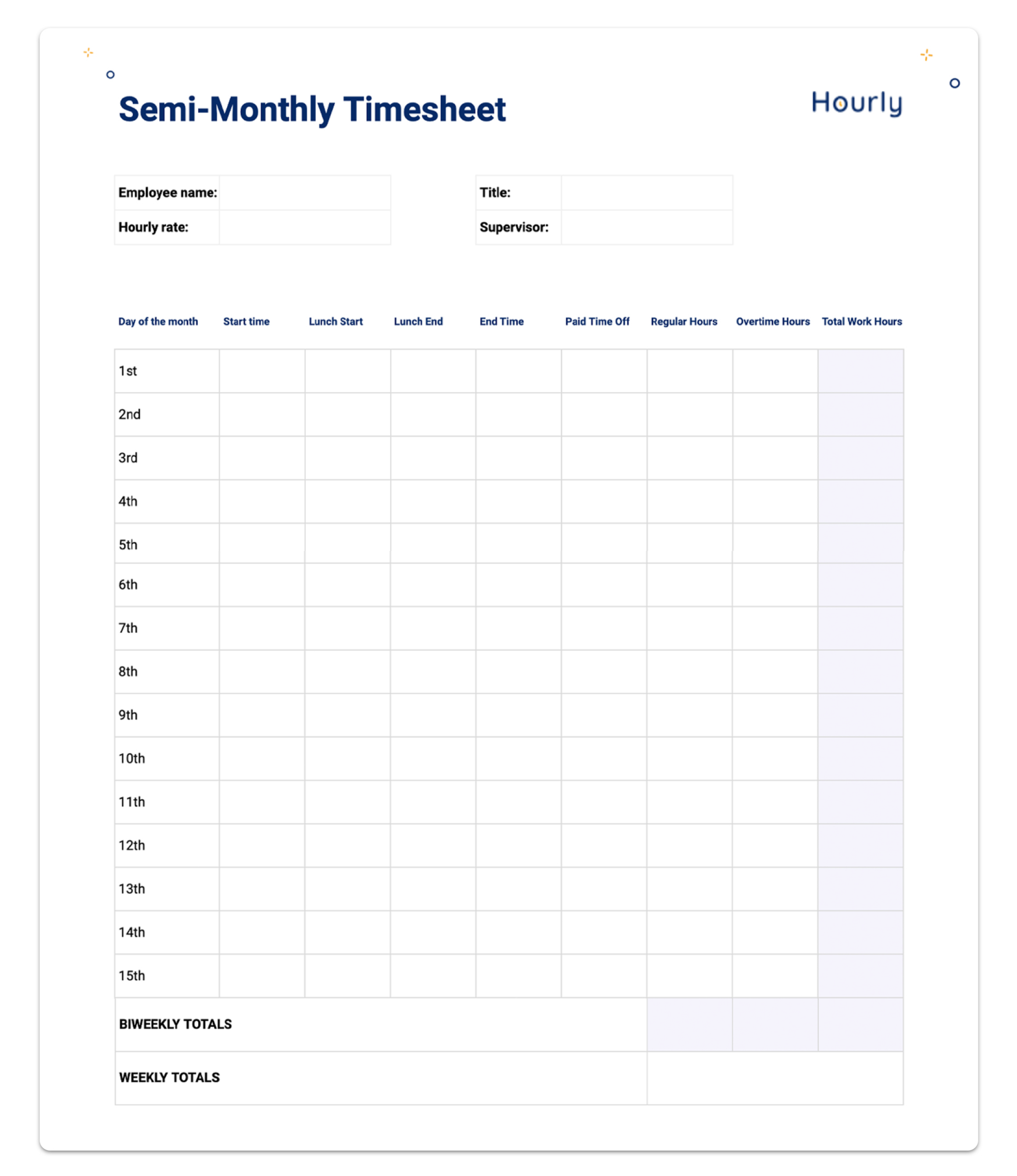 📅 Free Paper Timesheet Templates And Printable Timecards - Hourly intended for Free Printable Blank Time Sheets