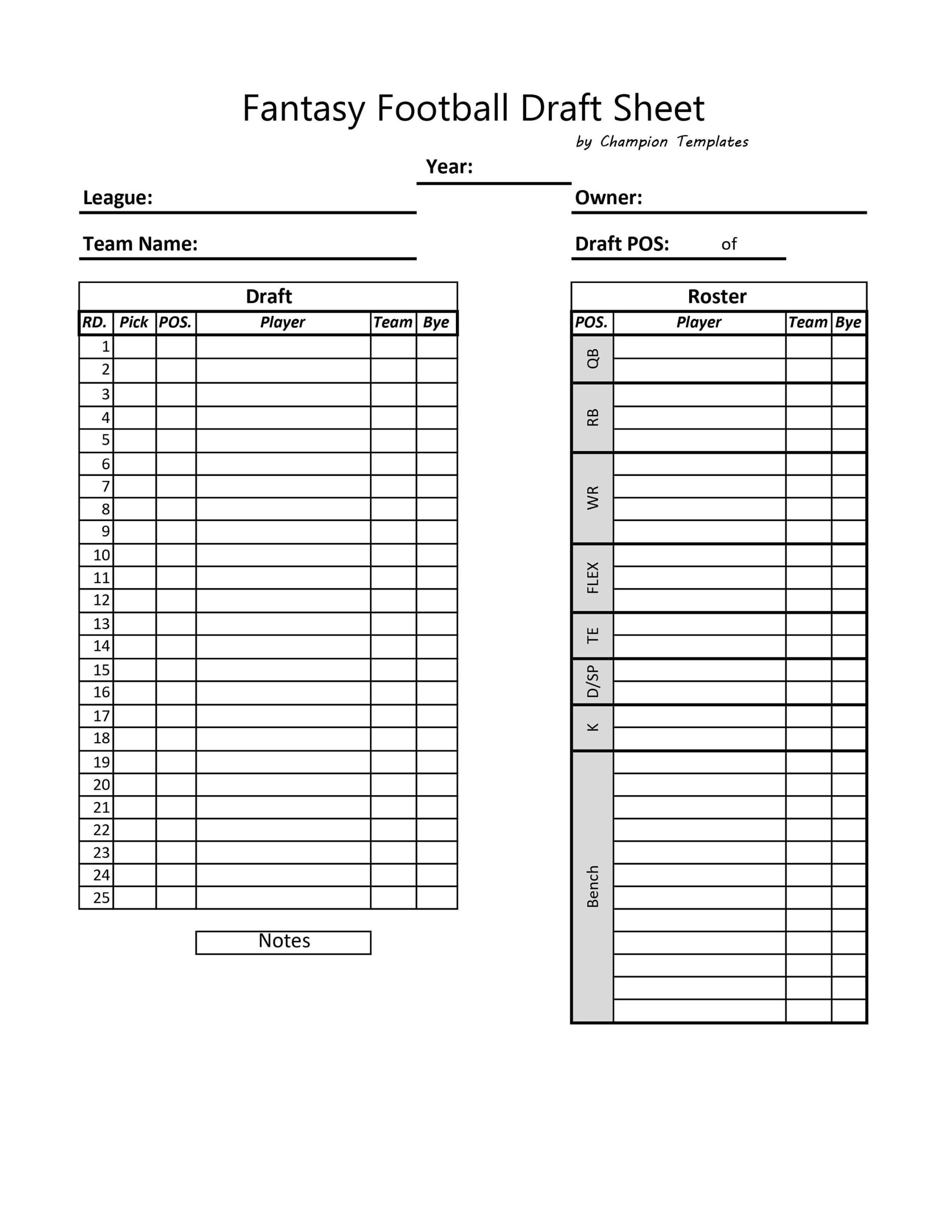 Fantasy Football Draft Day Sheet Template - Etsy regarding Fantasy Football Draft Sheets Printable Free