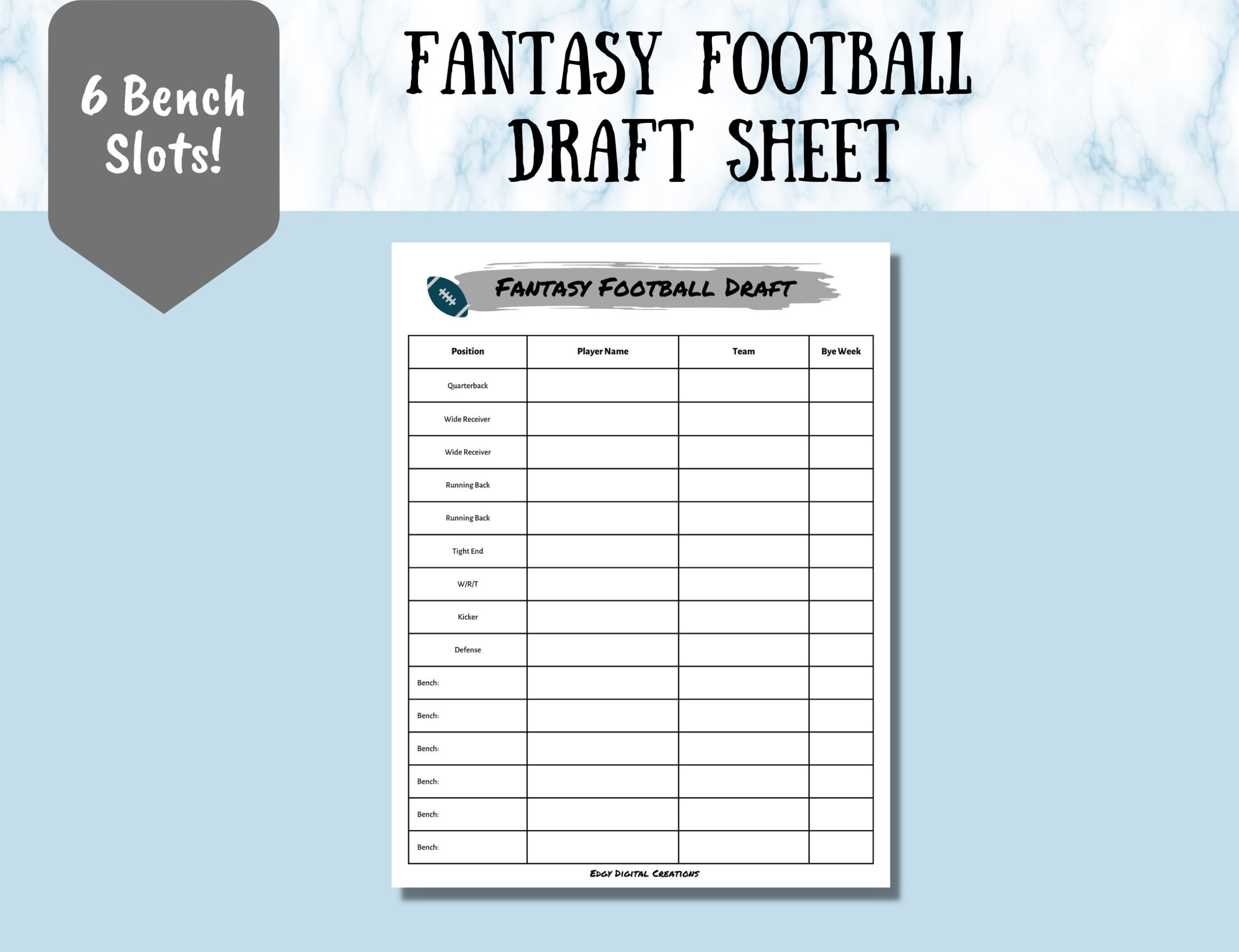 Fantasy Football Draft Sheet, Digital And Printable Draft Sheet with regard to Free Fantasy Football Draft Kit Printable