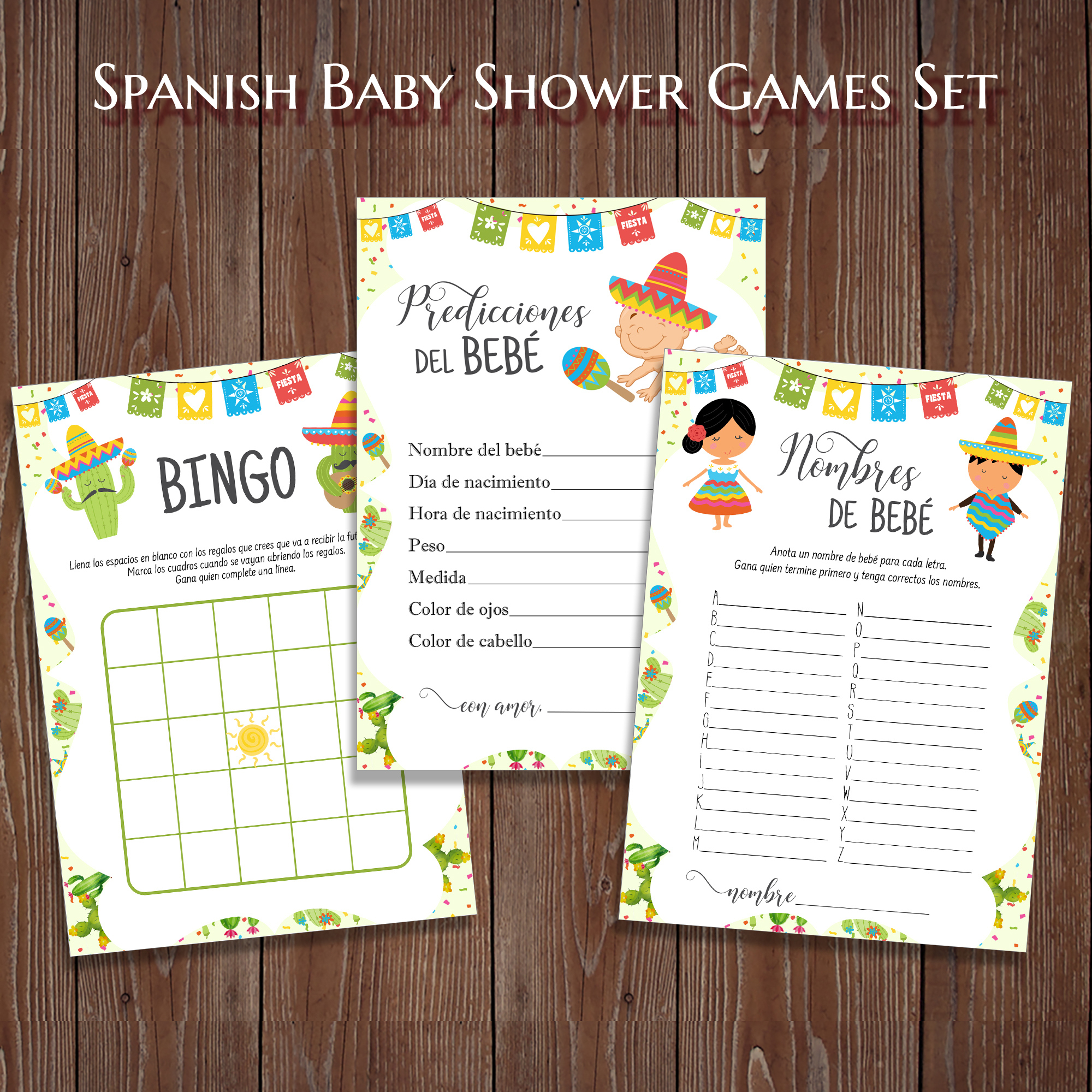 Fiesta Spanish Baby Shower Games Bundle Printable regarding Free Printable Baby Shower Games In Spanish