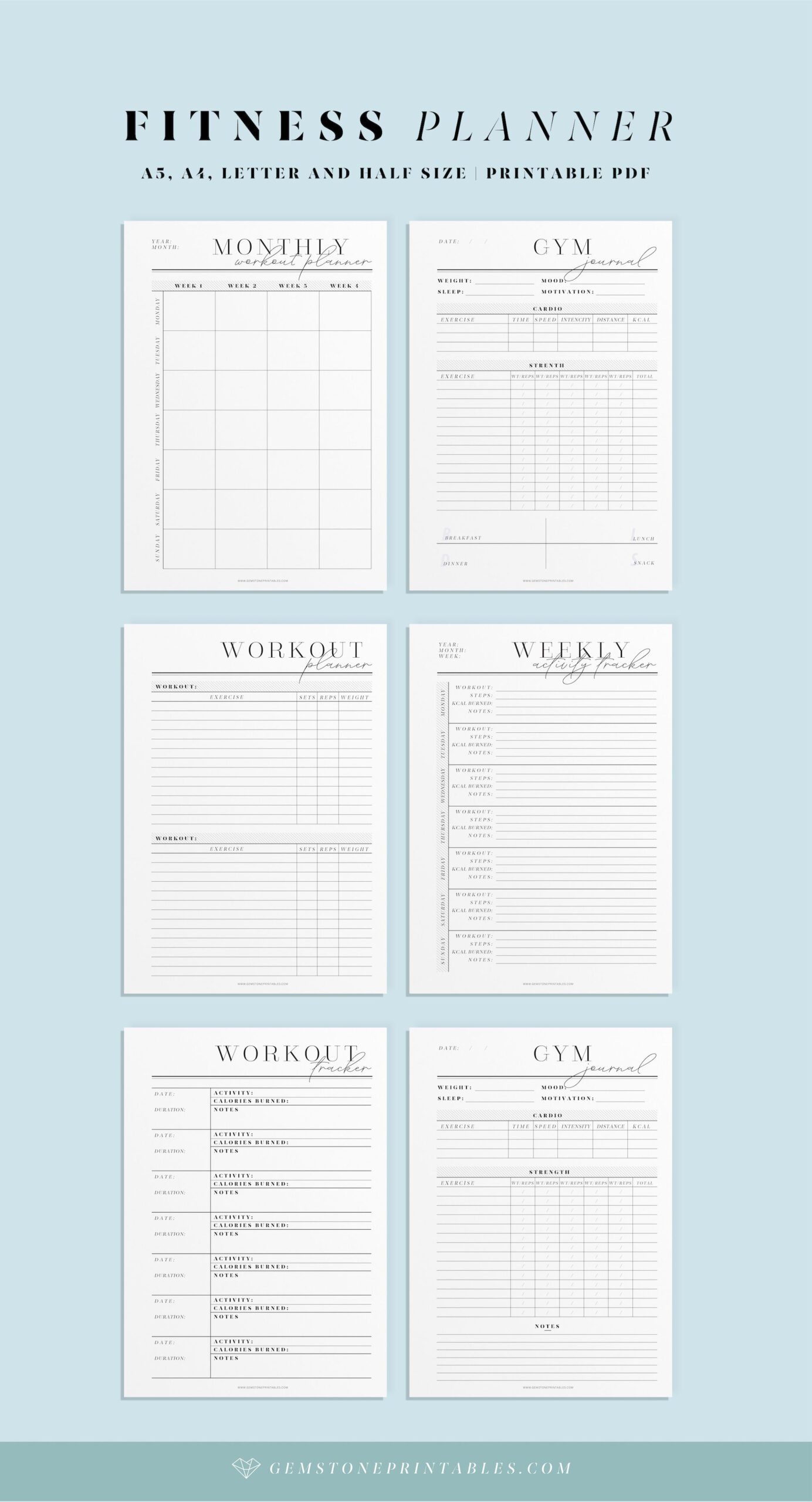 Fitness Planner Printable Inserts. Printable Workout Journal. A4 in Free Printable Workout Journal