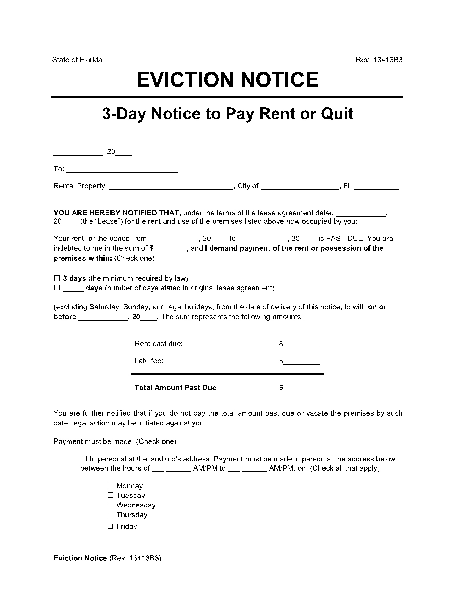 Florida 3-Day Notice To Pay Or Quit Form (Free Download) | Cocosign with Free Printable 3 Day Eviction Notice