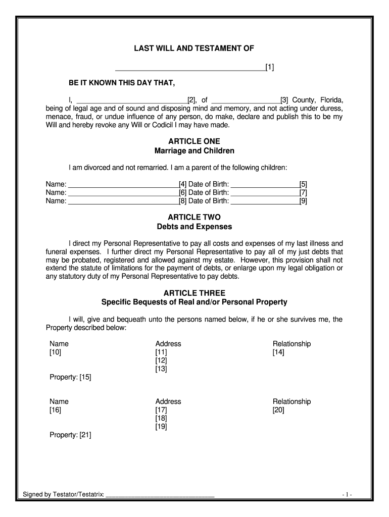 Florida Will Template - Fill Online, Printable, Fillable, Blank throughout Free Printable Last Will and Testament Blank Forms Florida