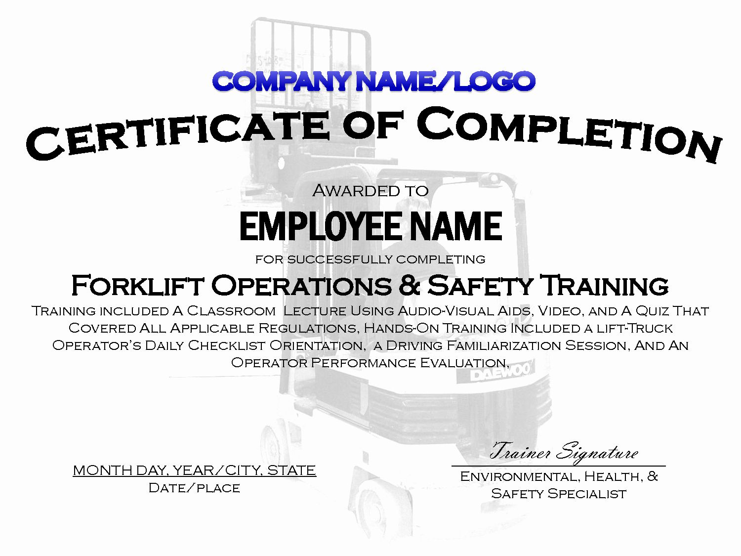 Forklift Training Certificate Template with regard to Free Printable Forklift Certification Cards