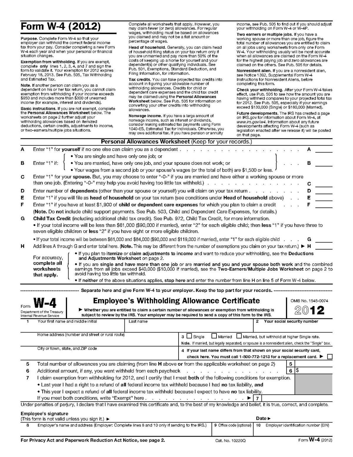 Form W-4 - Wikipedia inside Form W 4 2013 Free Printable