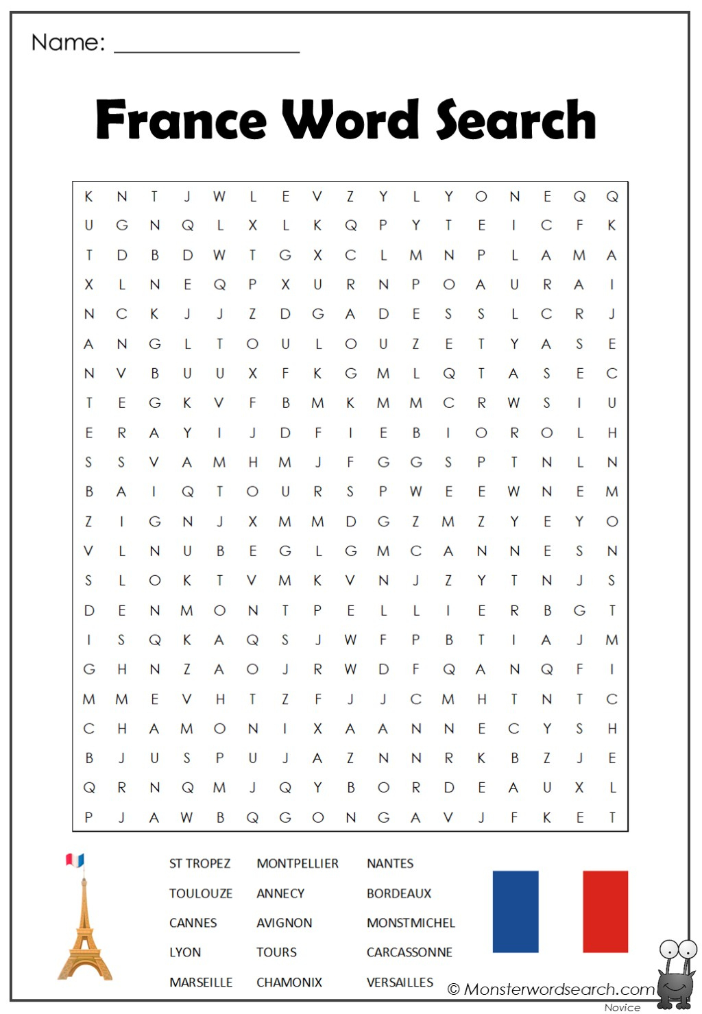 France Word Search - Monster Word Search pertaining to French Word Searches Free Printable