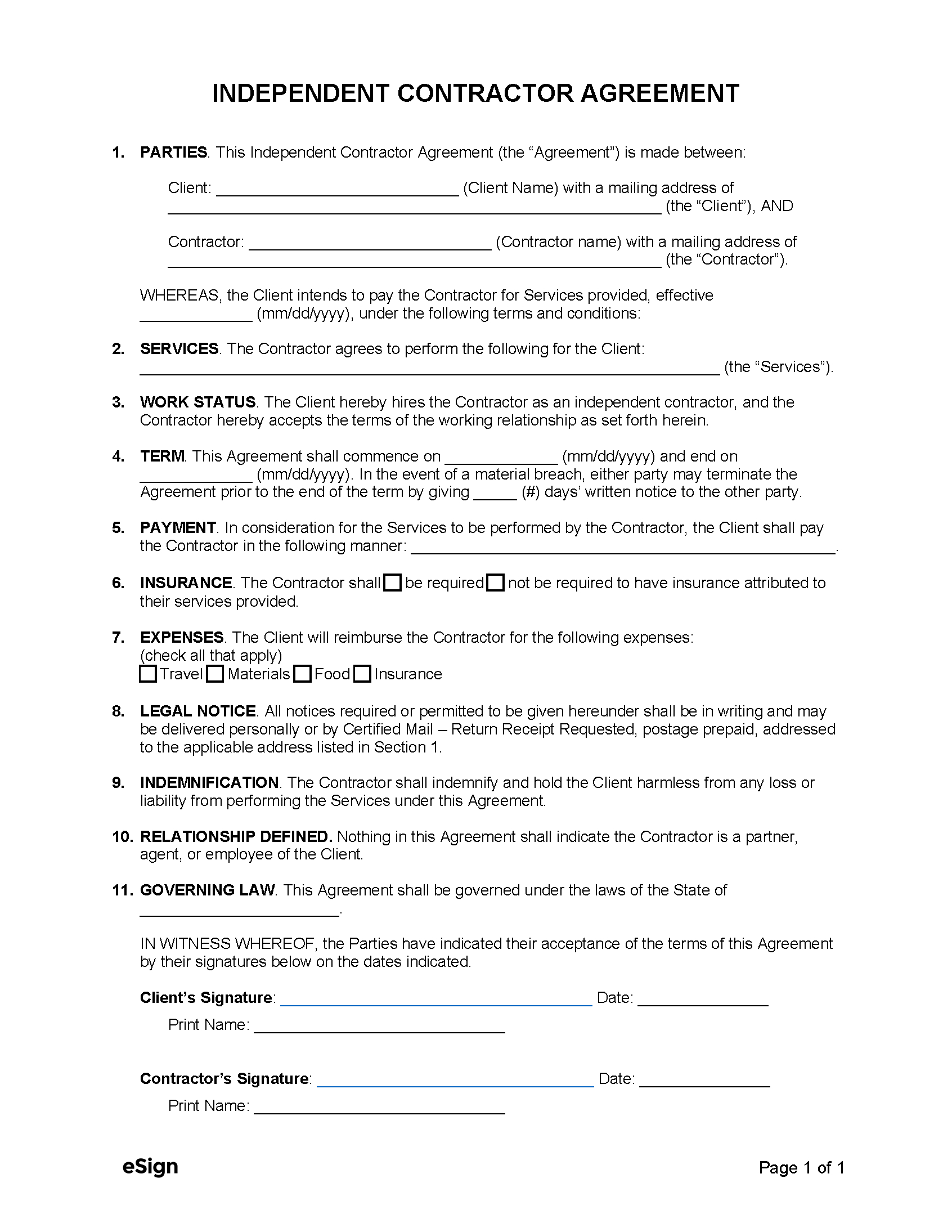 Free 1-Page (Simple) Independent Contractor Agreement Template with Free Printable Independent Contractor Agreement