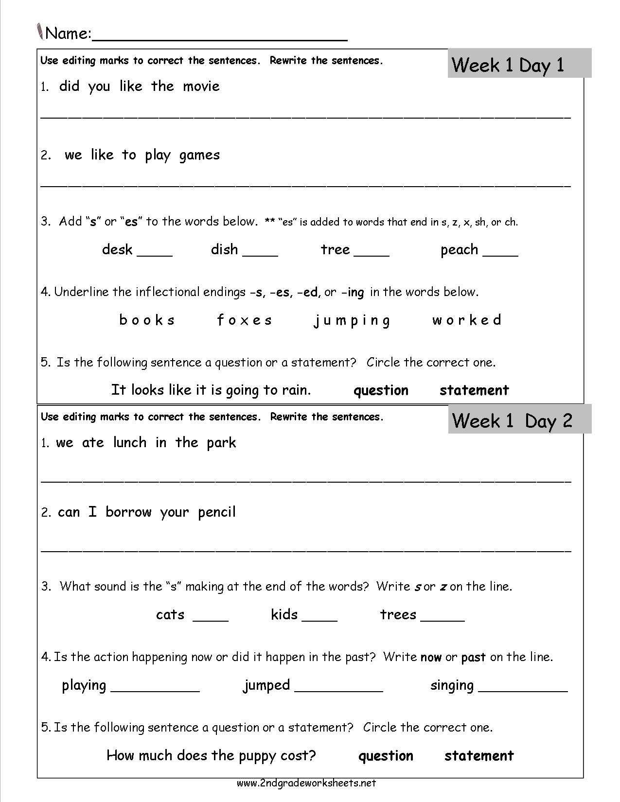 Free 2Nd Grade Daily Language Worksheets in Free Printable Grammar Worksheets for 2nd Grade