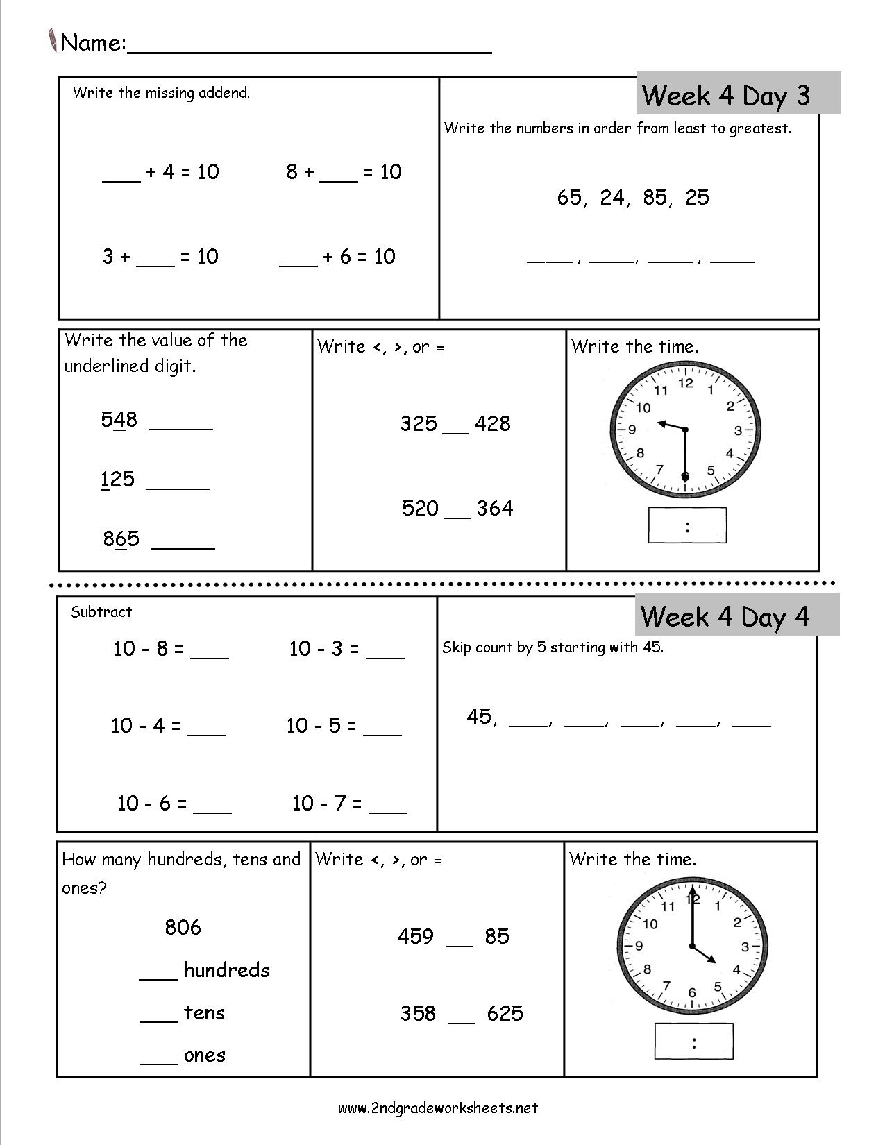 Free 2Nd Grade Daily Math Worksheets for Free Printable Daily Math Warm Ups