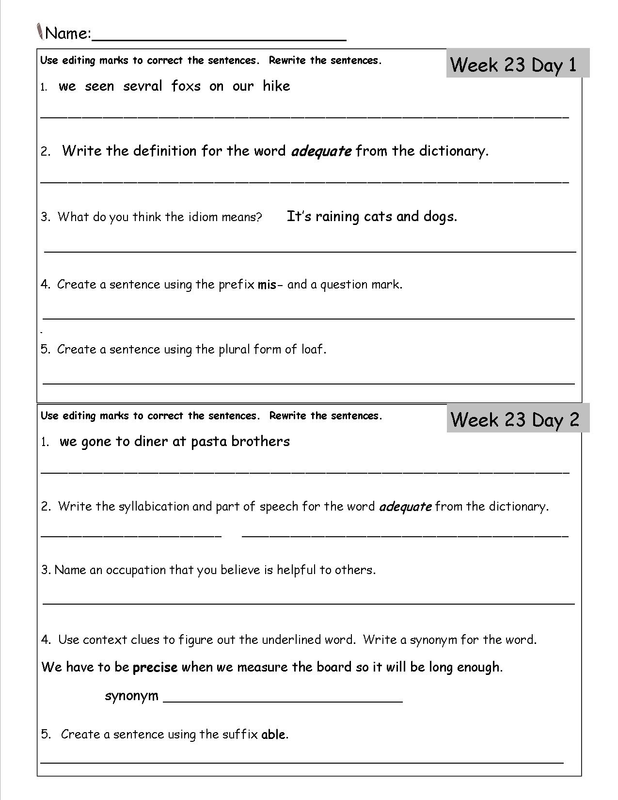 Free 3Rd Grade Daily Language Worksheets intended for Free Printable Third Grade Grammar Worksheets