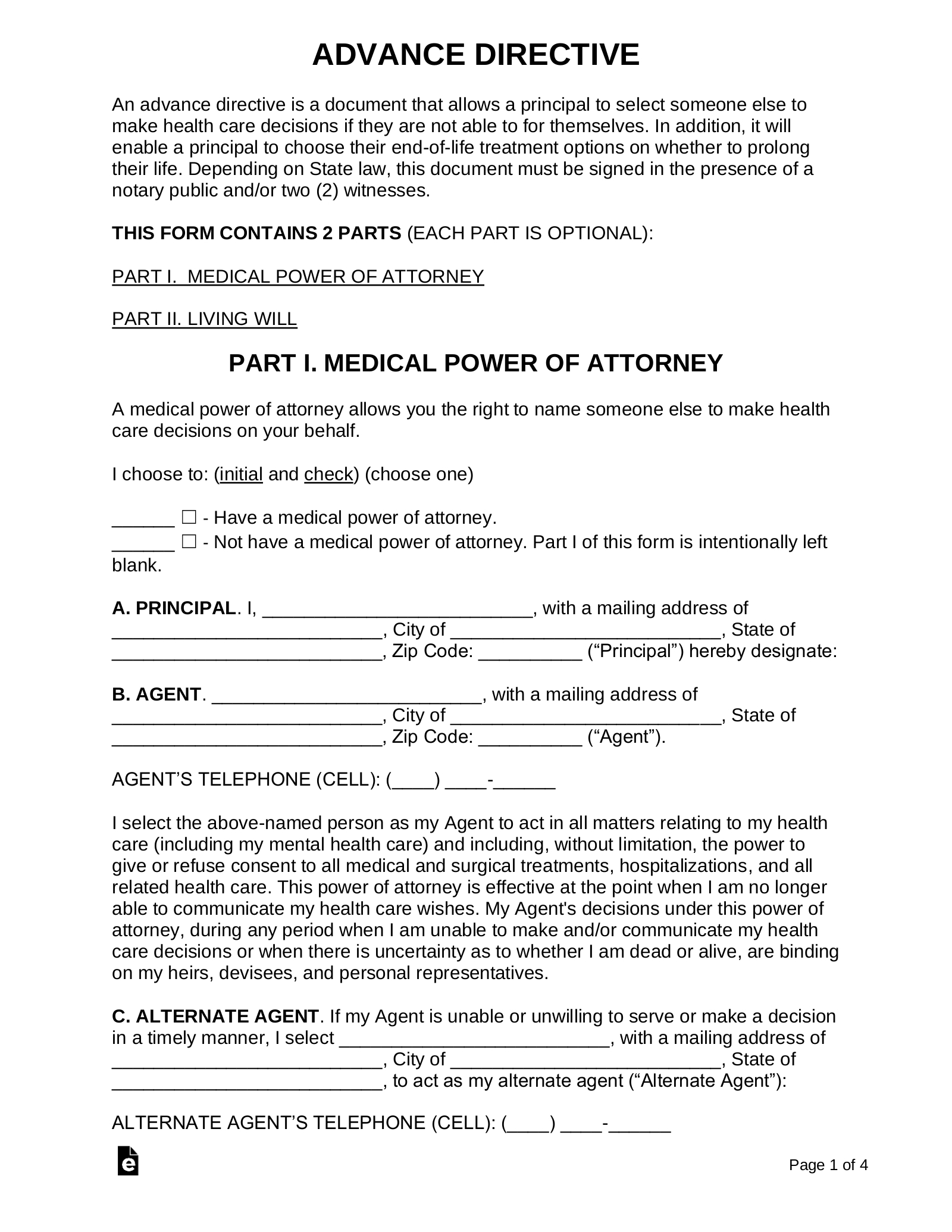 Free Advance Directive Form (Medical Poa + Living Will) - Pdf regarding Free Printable Advance Directive Form