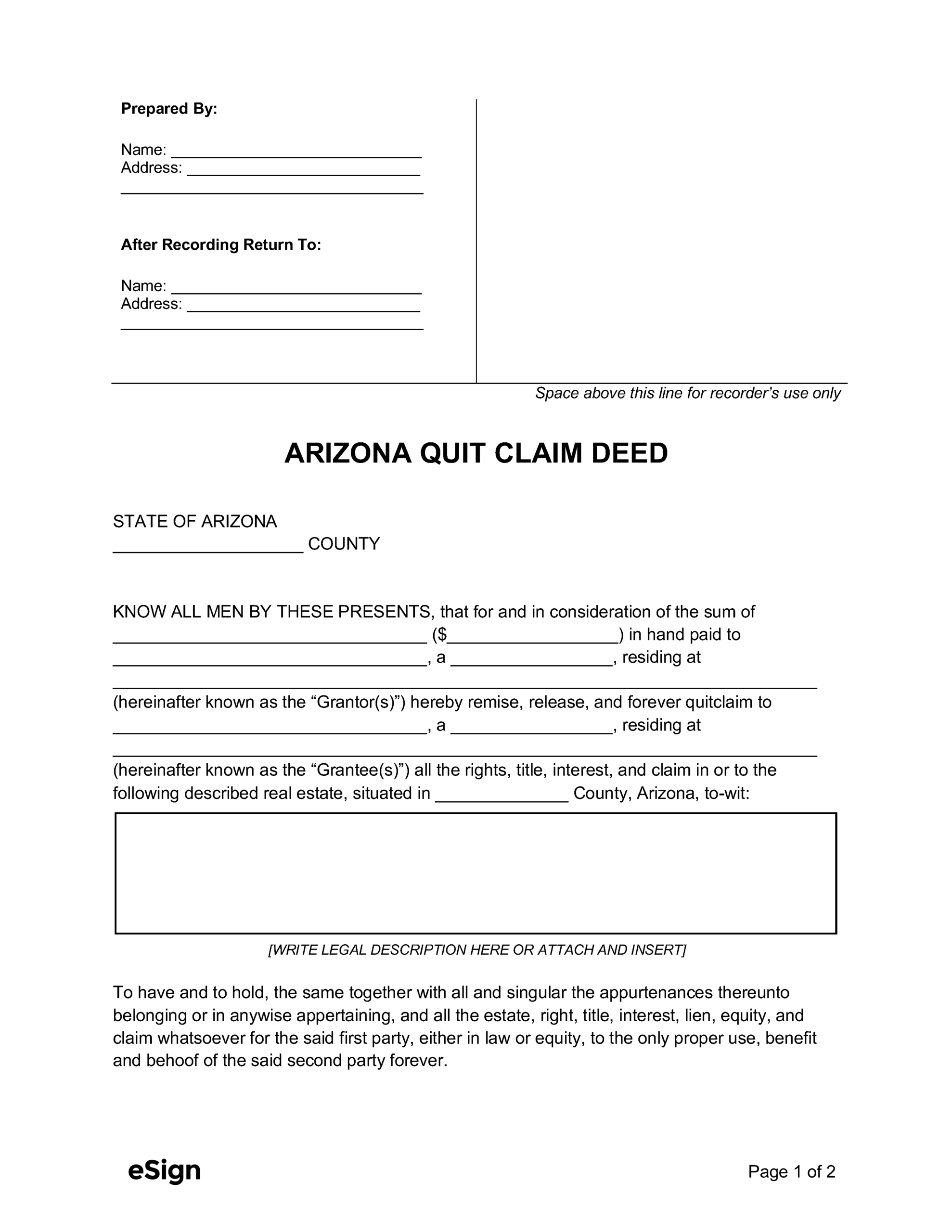 Free Arizona Quit Claim Deed Form | Pdf | Word intended for Free Printable Quit Claim Deed Form