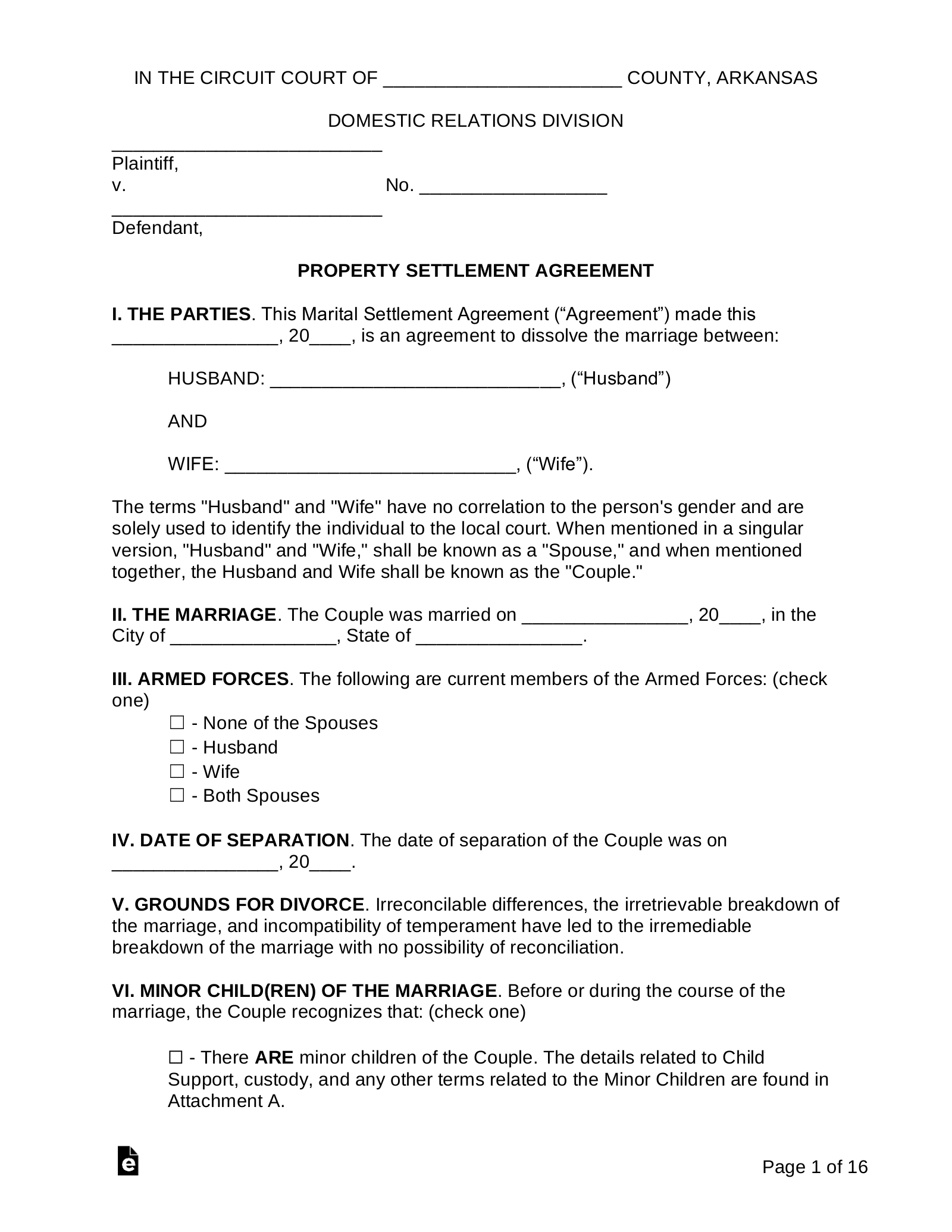 Free Arkansas Marital Settlement (Divorce) Agreement - Pdf | Word intended for Free Printable Divorce Papers for Arkansas