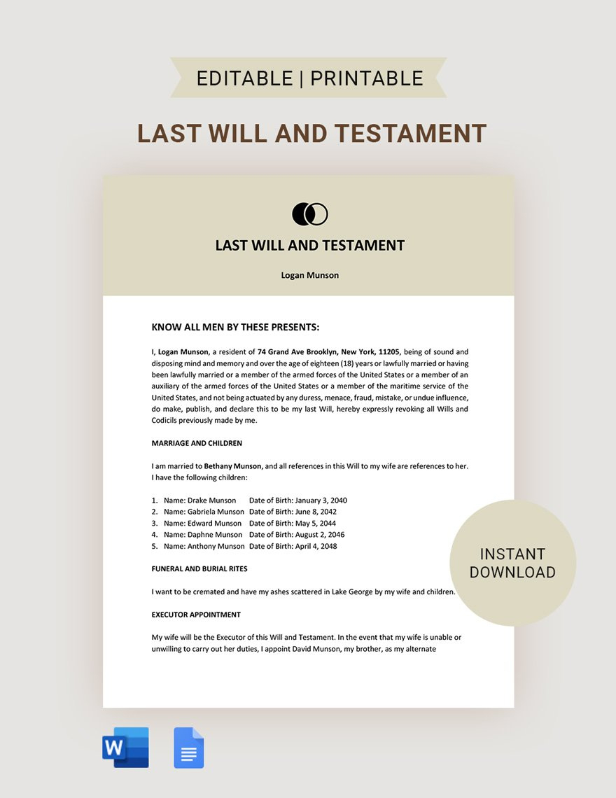 Free Basic Last Will And Testament Template In Google Docs, Word throughout Free Printable Basic Will