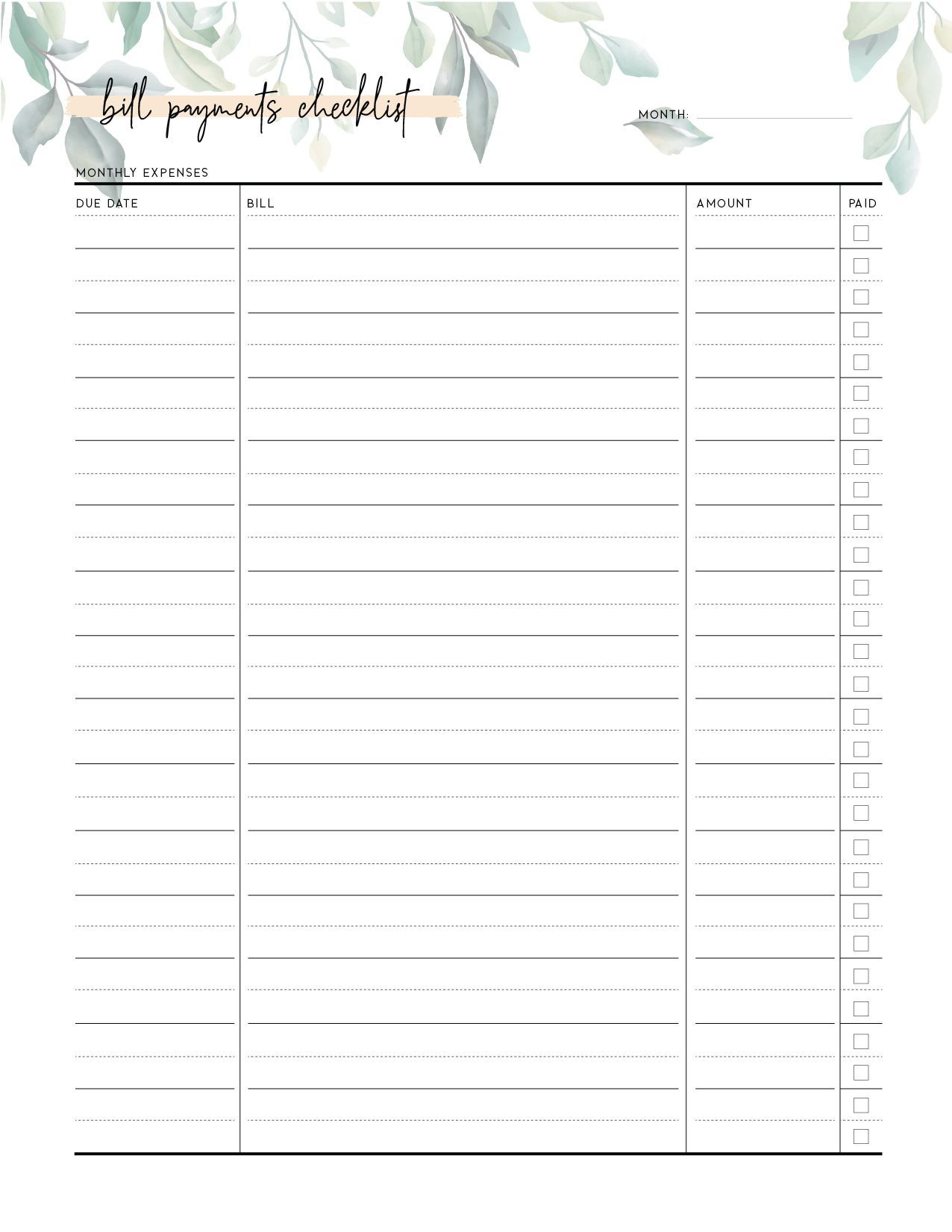 Free Bill Payment Checklist Pdf - World Of Printables | Bill in Free Printable Bill Pay Checklist